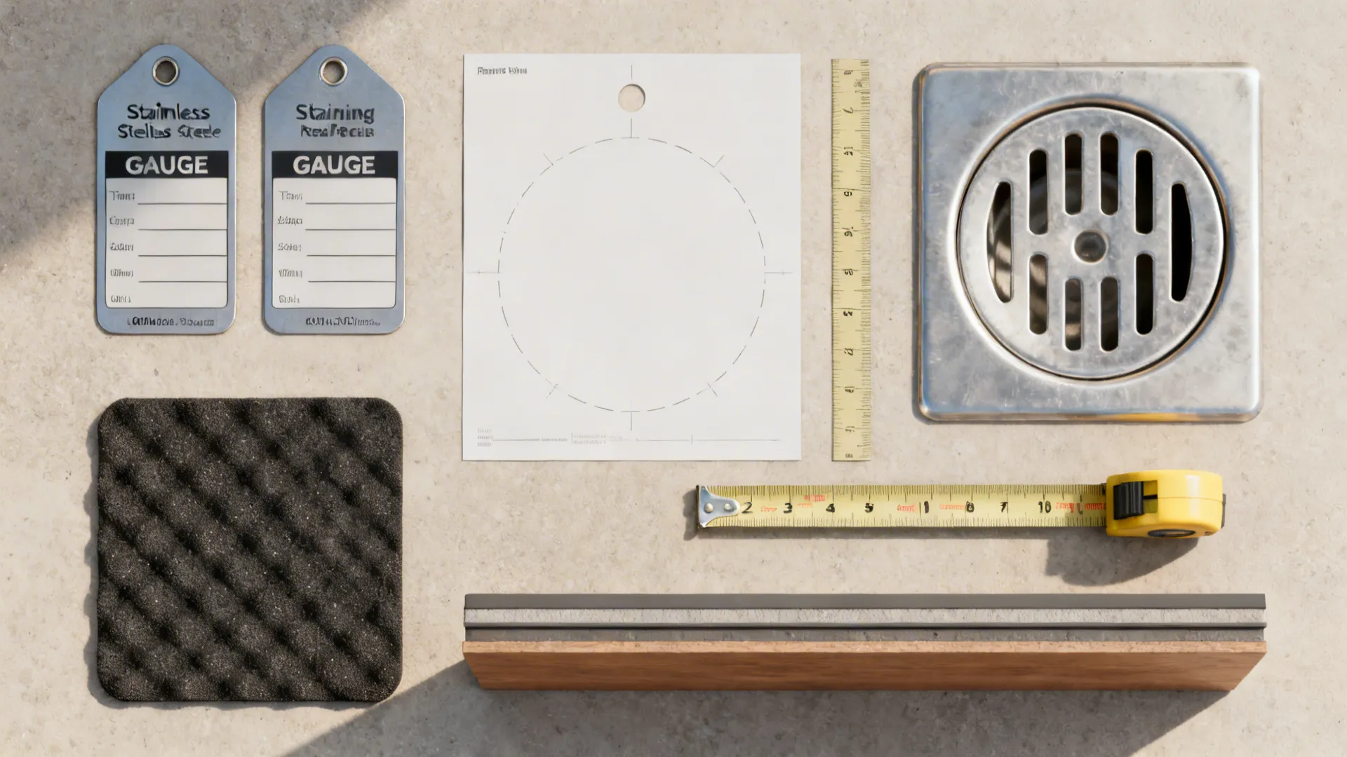 Top-down layout of gauge tags, cutout template, tape measure, rear-drain, pads, and ledge sample.