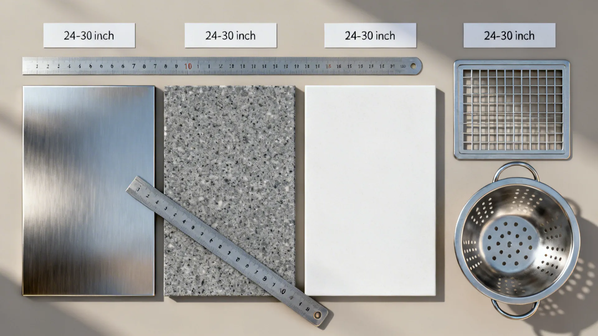 Top-down flat lay of sink size cards, material swatches, faucet reach gauge, and accessories.