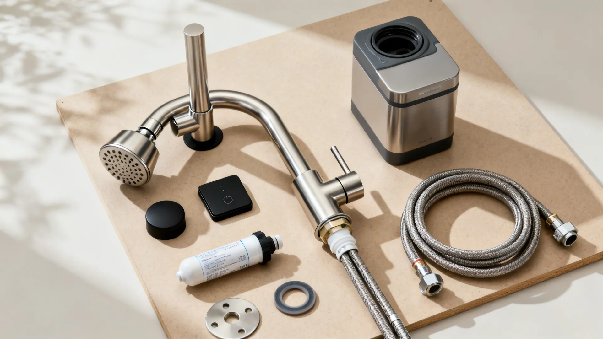 Flatlay of a pull-down faucet, air switch, compact disposal, and inline water filter with fittings.