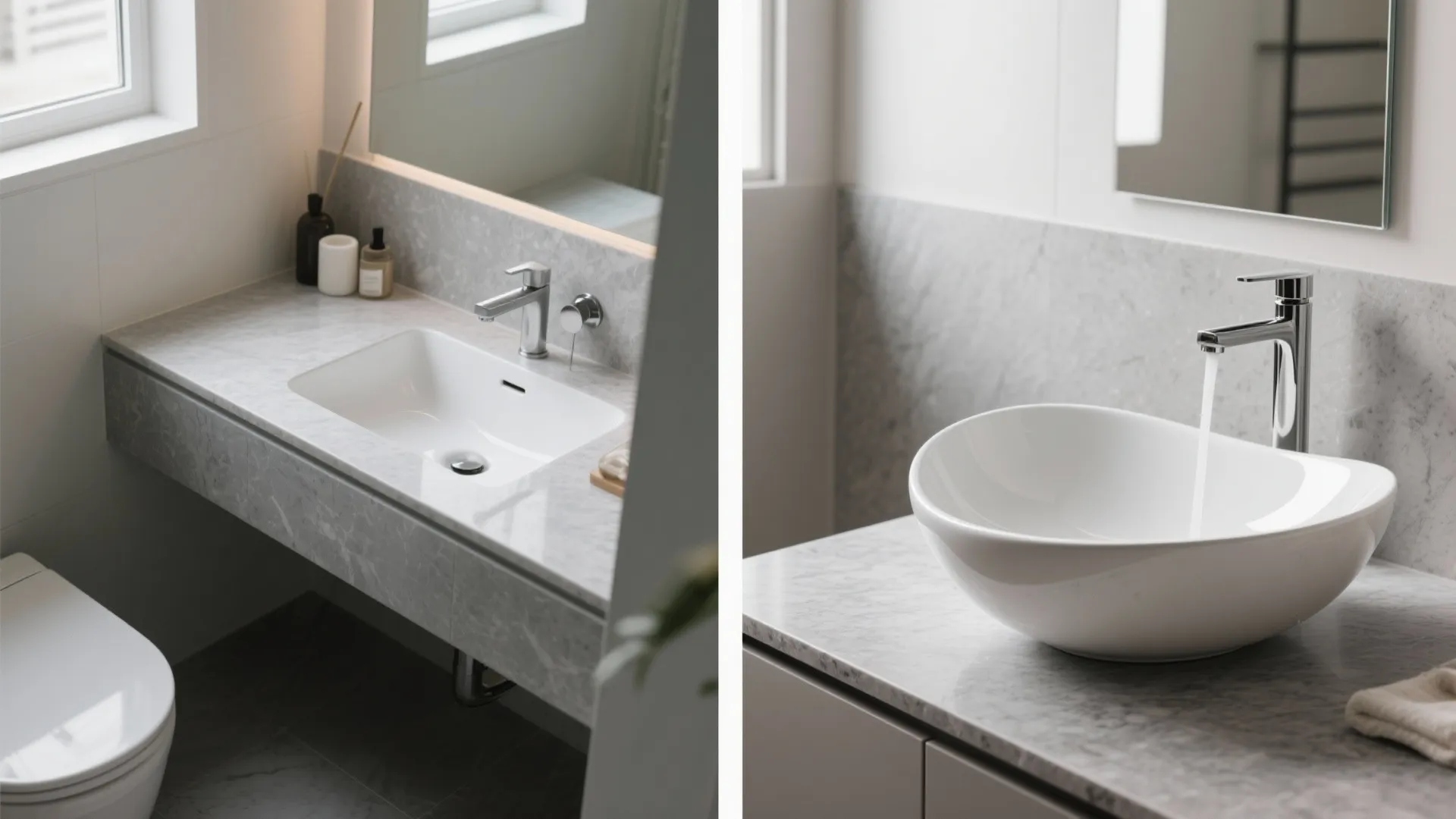 Comparison of an under-mount sink and a vessel sink on grey quartz countertops in a small bathroom.