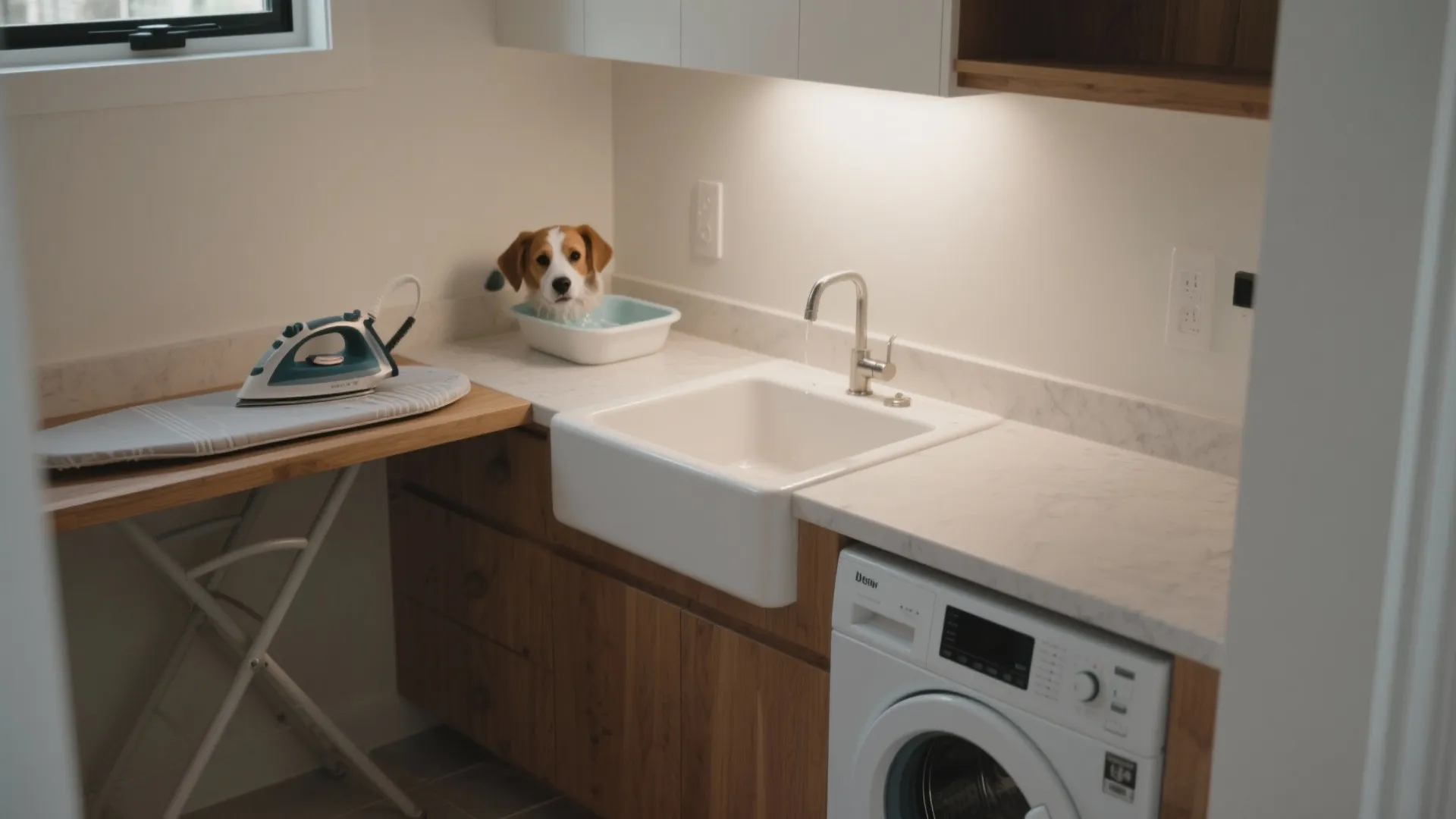 Modern laundry room with white sink marble countertop iron board washing machine and small brown dog