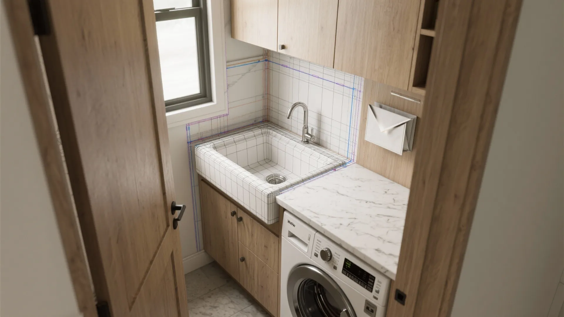 Laundry room interior design drawing showing sink wireframe with a washing machine and wood cabinets