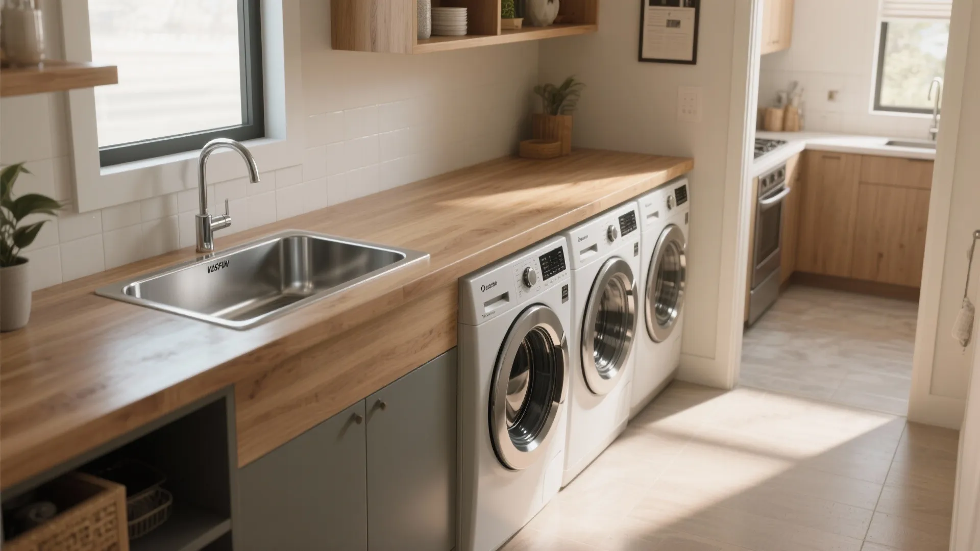 Laundry area with wooden countertop silver sink and three white washing machines under a window