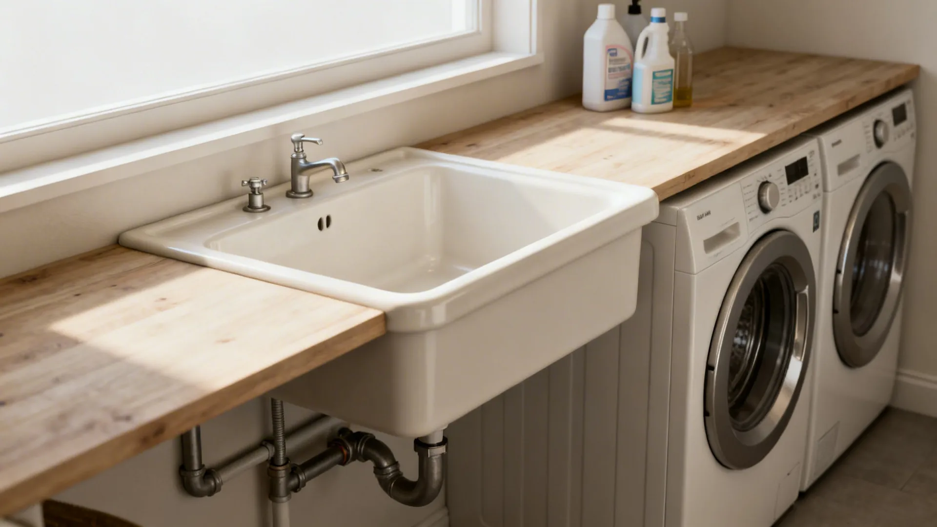 White laundry room sink with wooden countertop next to washing machine and dryer by window