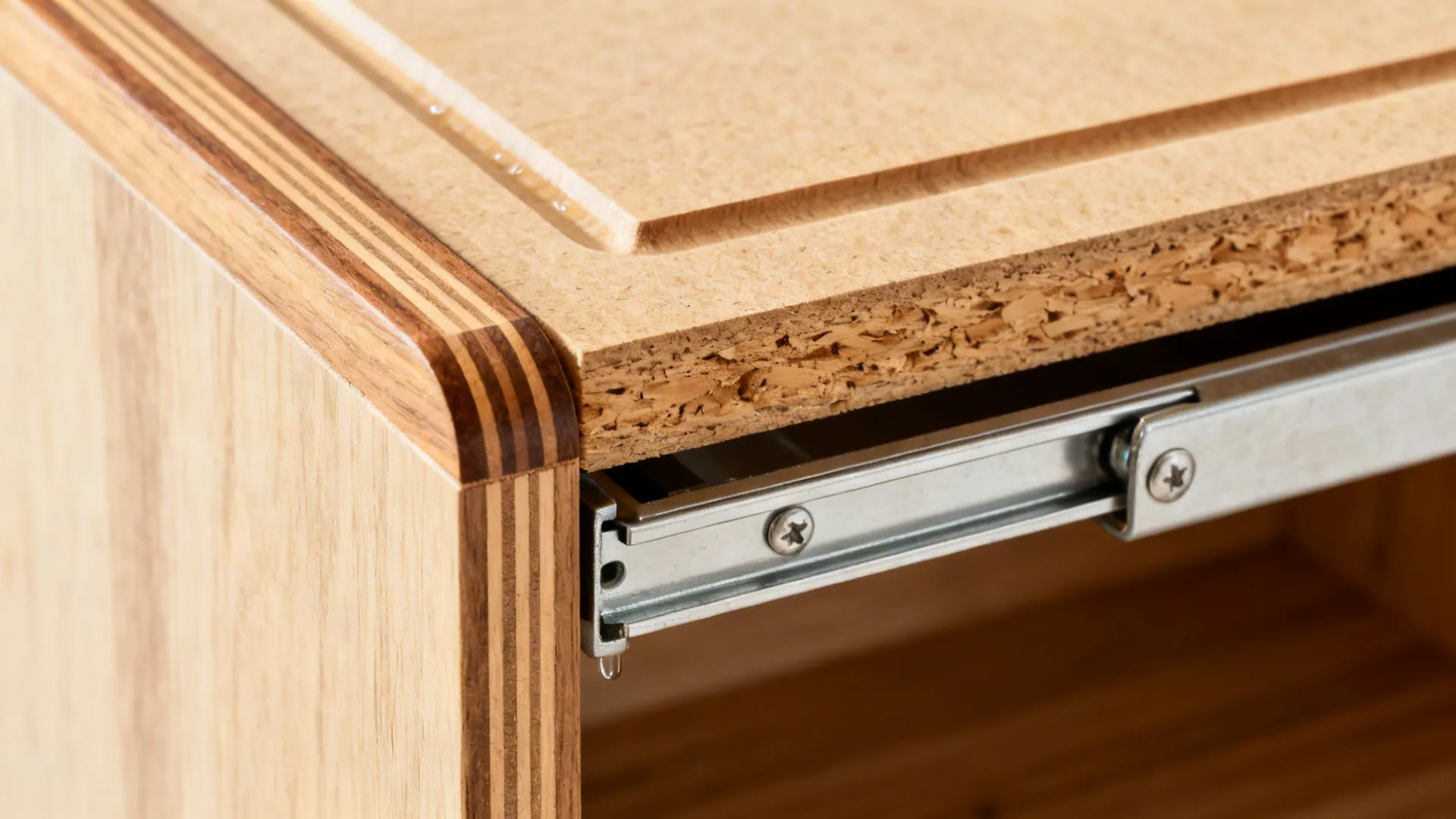 Close-up of a wooden sink cover with drip channel and soft-close slide hardware on a pull-out shelf.