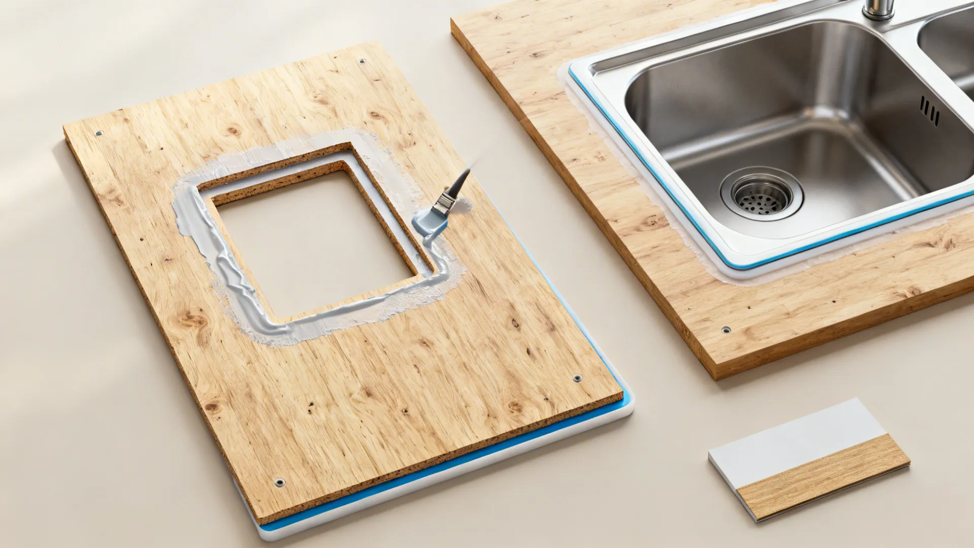 Top-down view of sealing a plywood sink cutout with epoxy and gasket layers.