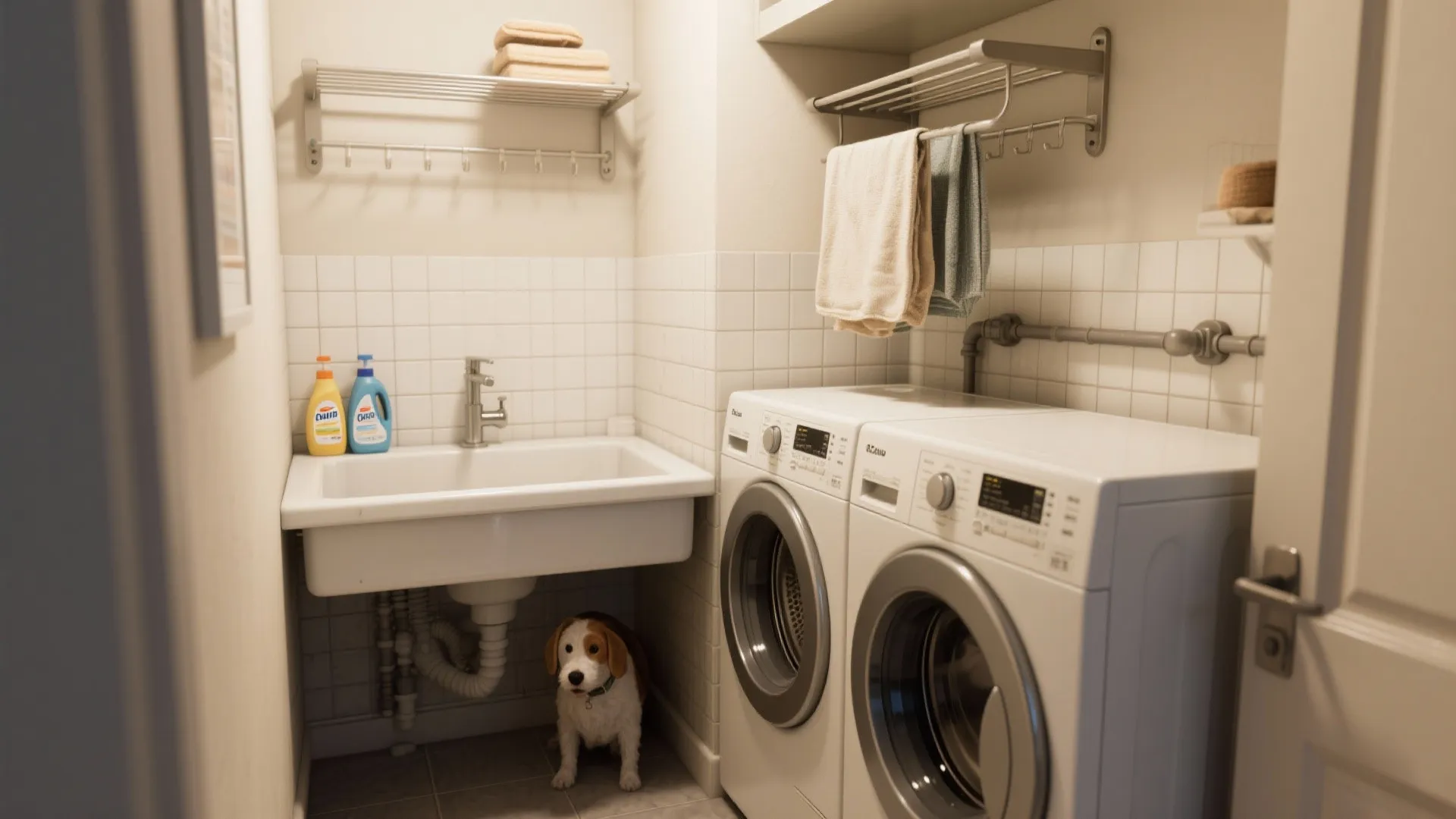 Laundry room interior design with white sink washing machines metal shelves and small dog sitting