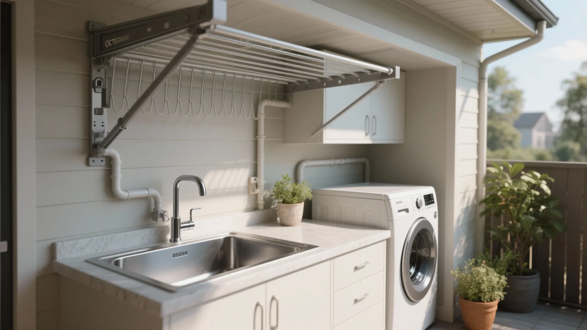 Outdoor laundry area featuring stainless steel sink white cabinets washing machine and wall mounted drying rack