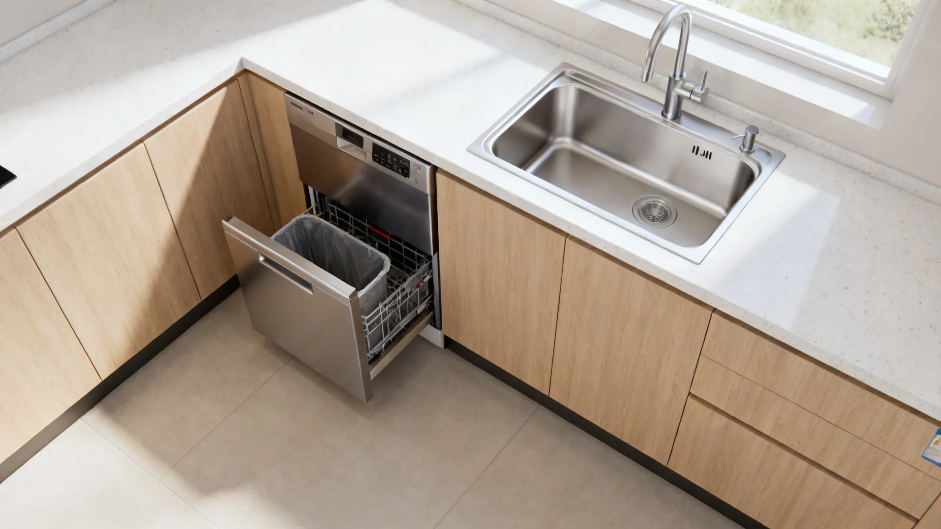 Top-down view of a compact L-shaped kitchen with double sink, adjacent dishwasher, and under-sink trash.