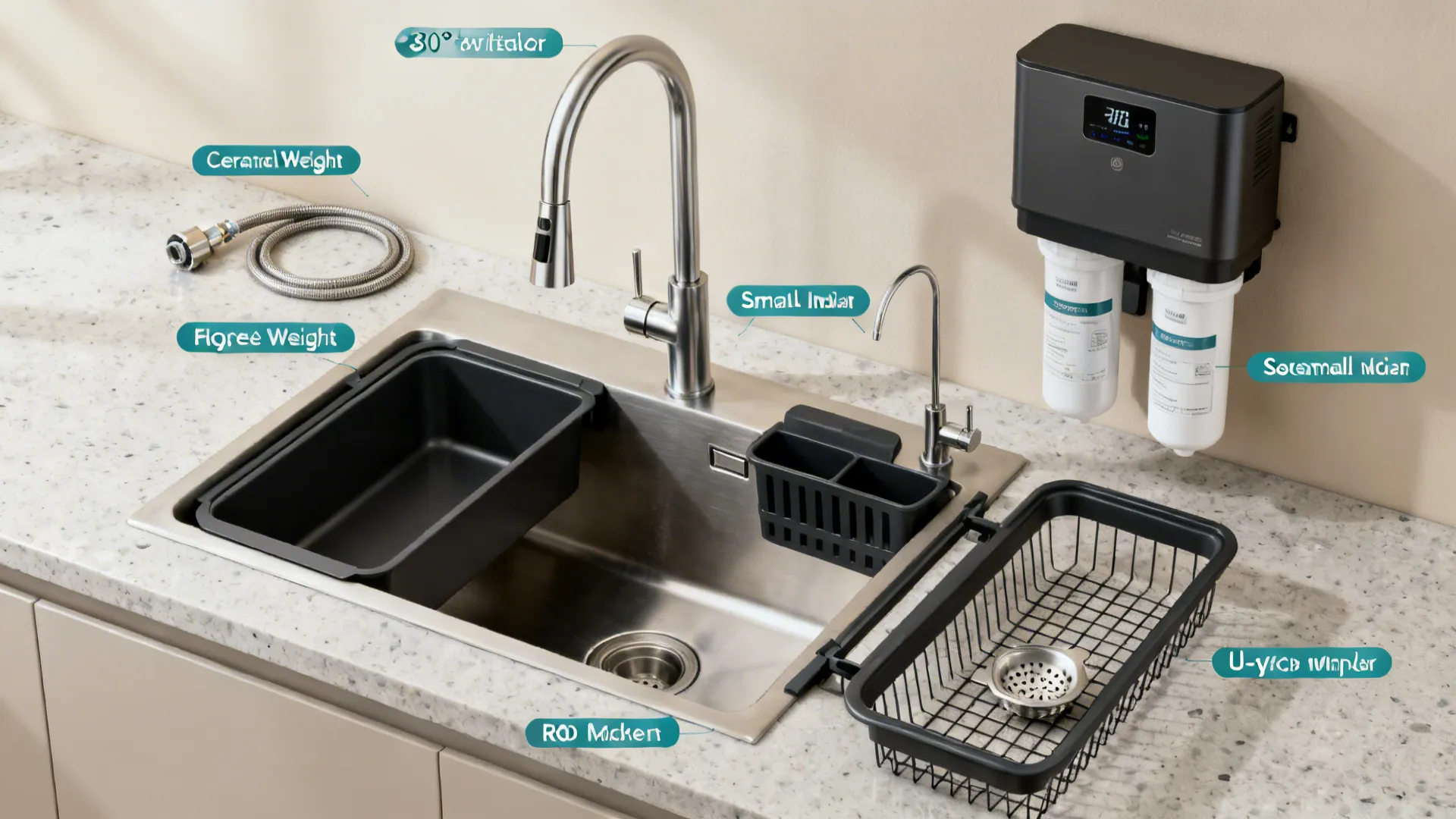 Flat-lay of pull-down faucet, compact RO, wall prefilter, U-shaped organizer, and sink accessories.