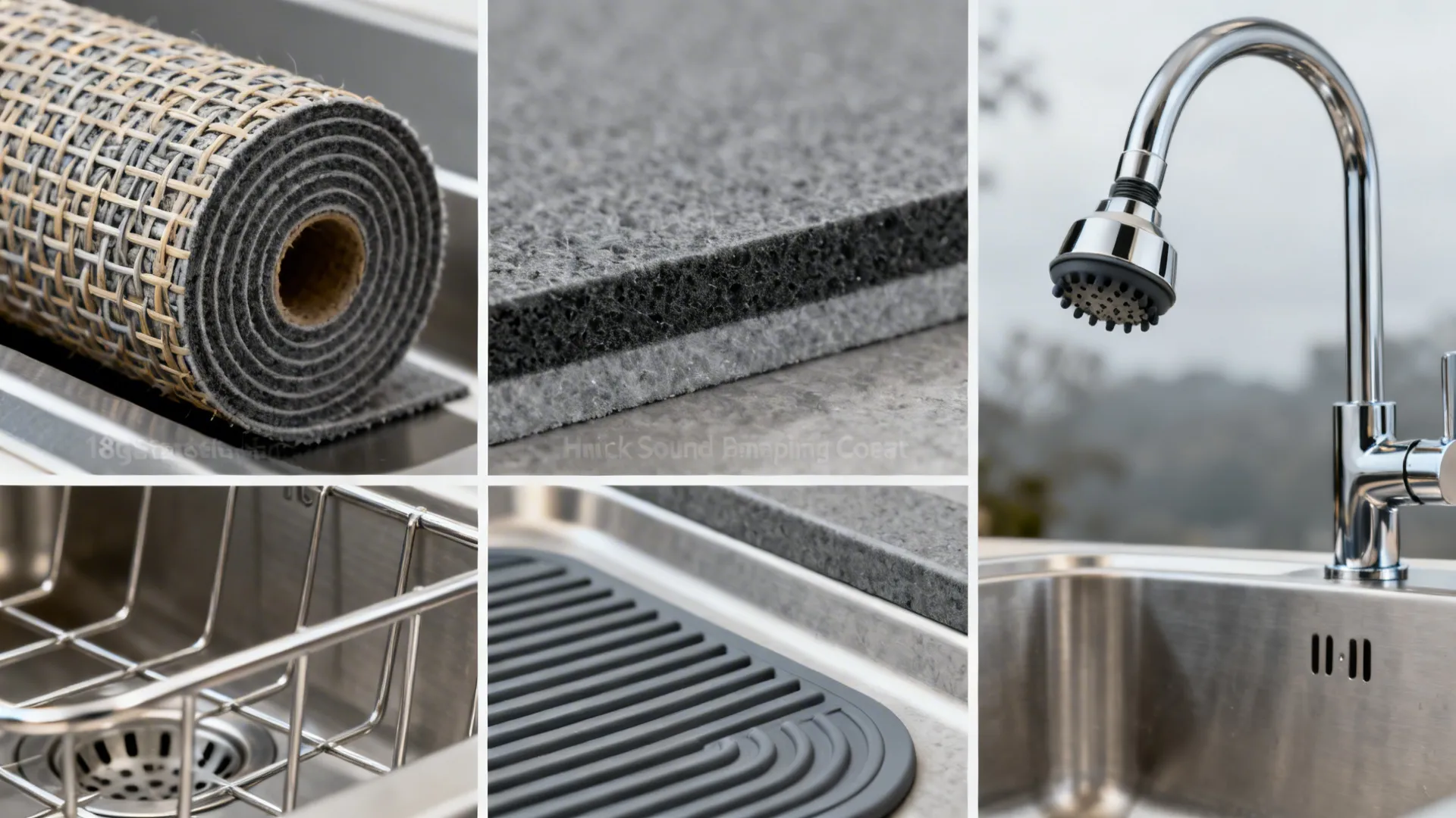 Macro details of stainless thickness, roll-up rack, pull-down spray head, and silicone mat for sinks.