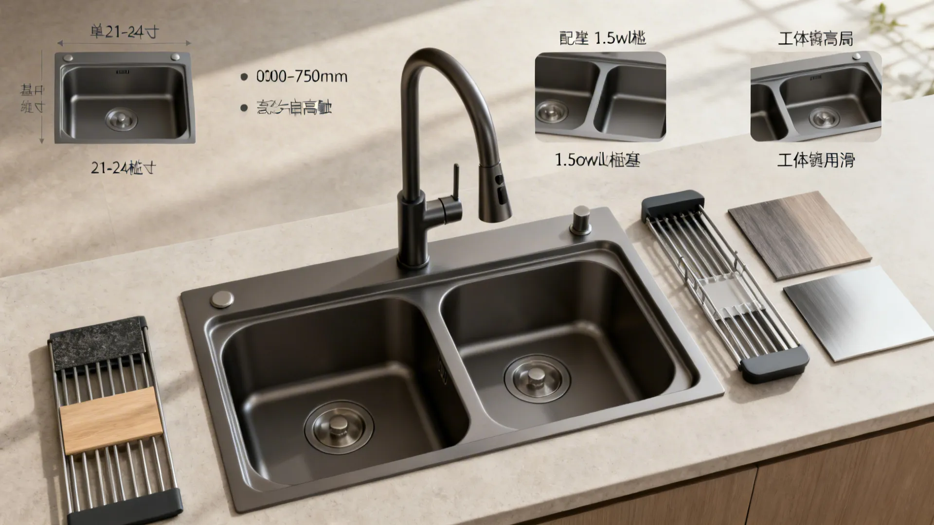 Top-down visual grouping sink sizes, materials, faucet reach, and workstation accessories for FAQs.