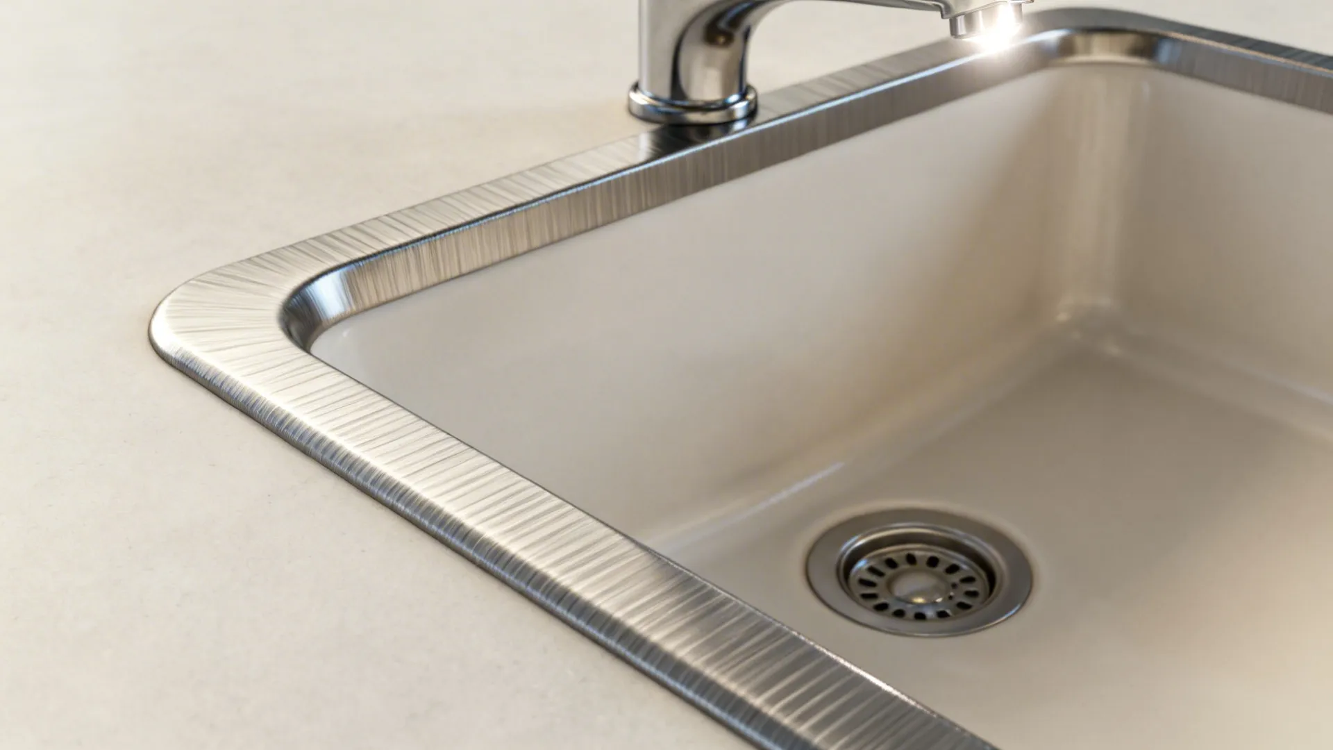 Macro detail of sink rims and corner radii comparing brushed stainless and smooth fireclay finishes.