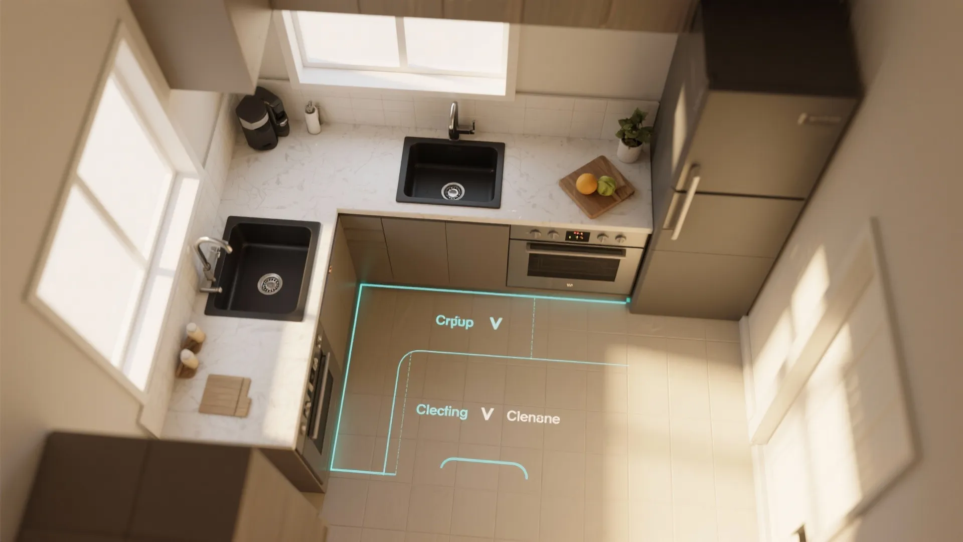 Top-down small kitchen floor plan mockup highlighting black double sink placement and workflow zones.