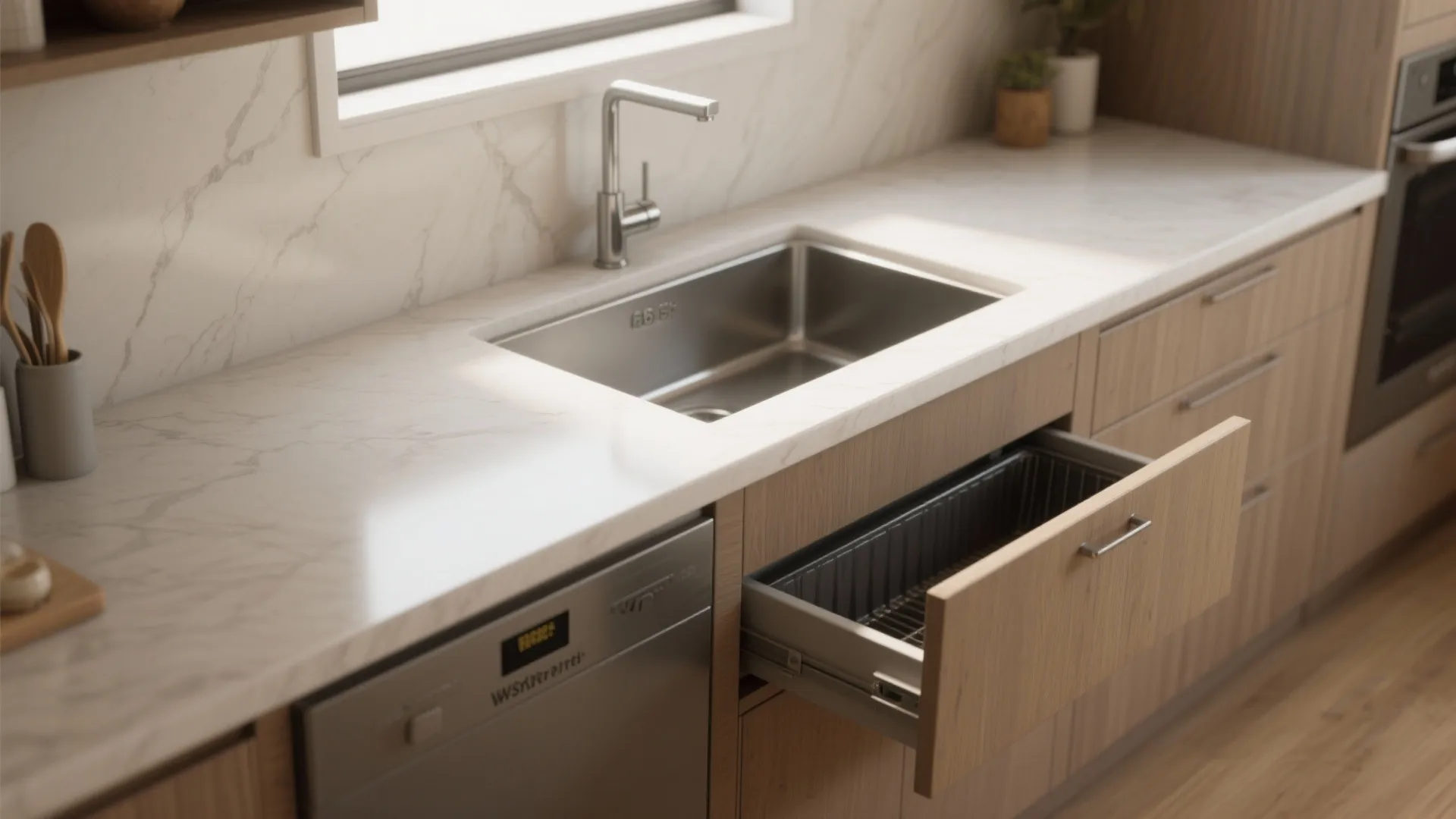 Countertop run aligned to make a wide sink the focal point with a reinforced 36" base and trash pull-out.