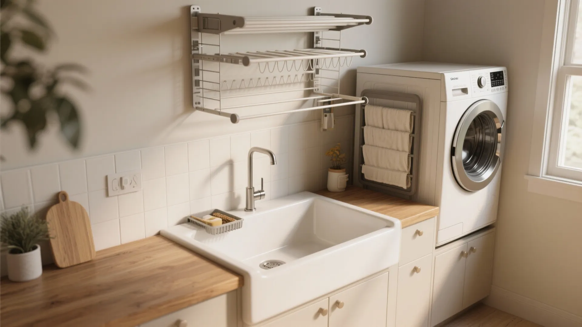 Laundry room with white sink wood countertop metal wall drying rack and a washing machine