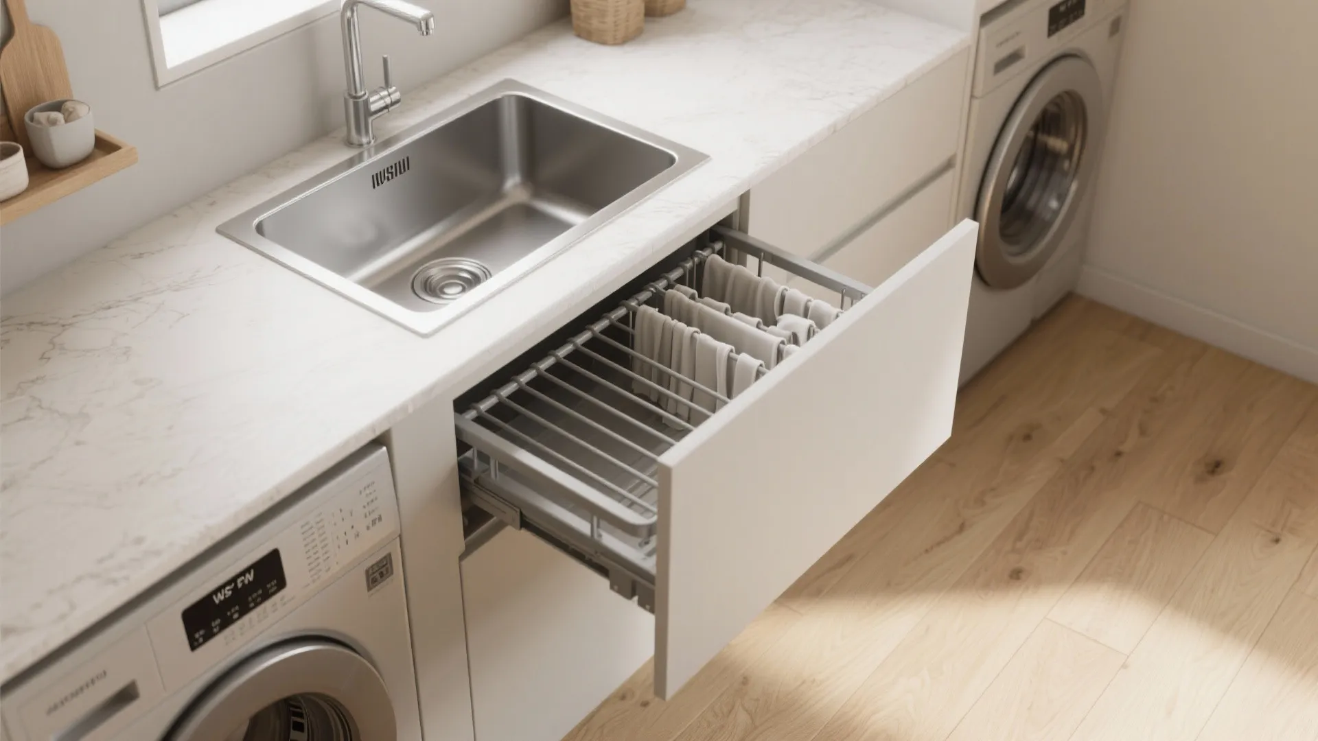 2. Combine sink, folding counter, and hidden drying