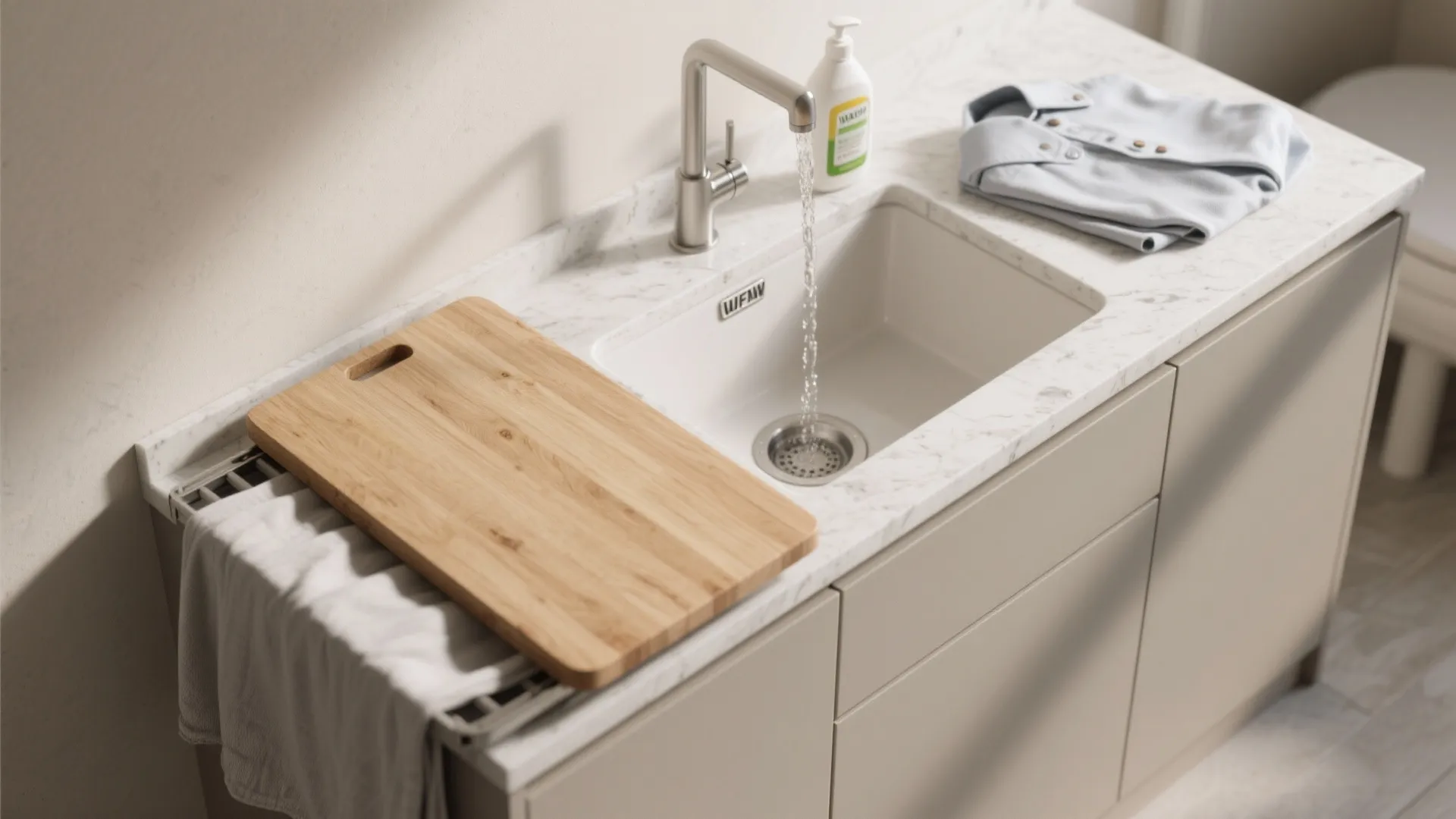 White sink with running water next to wooden board on marble countertop and folded shirt