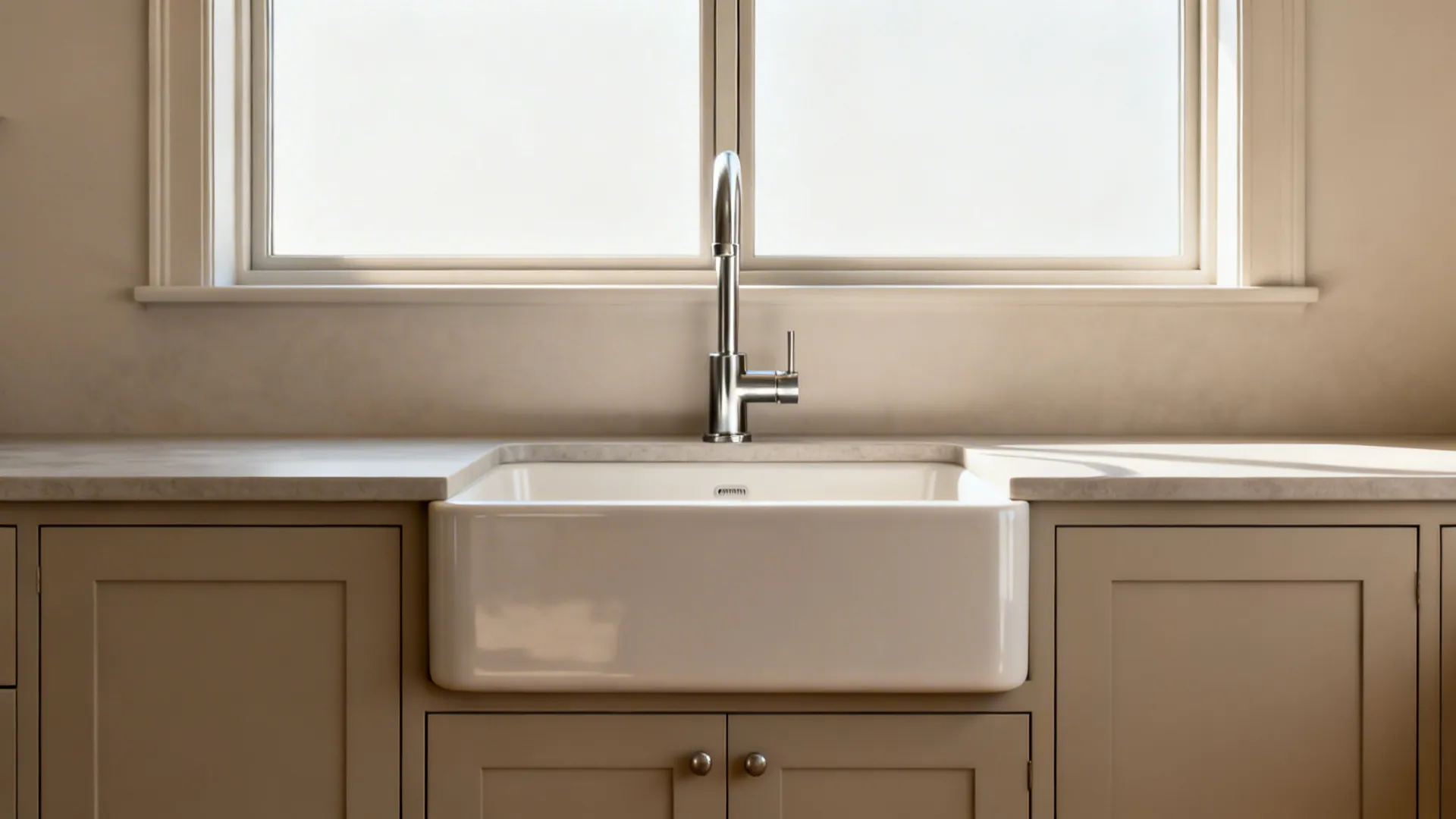 Front elevation of a modern sink with visible depth, subtle apron reveal, and a centered faucet against a calm backsplash.