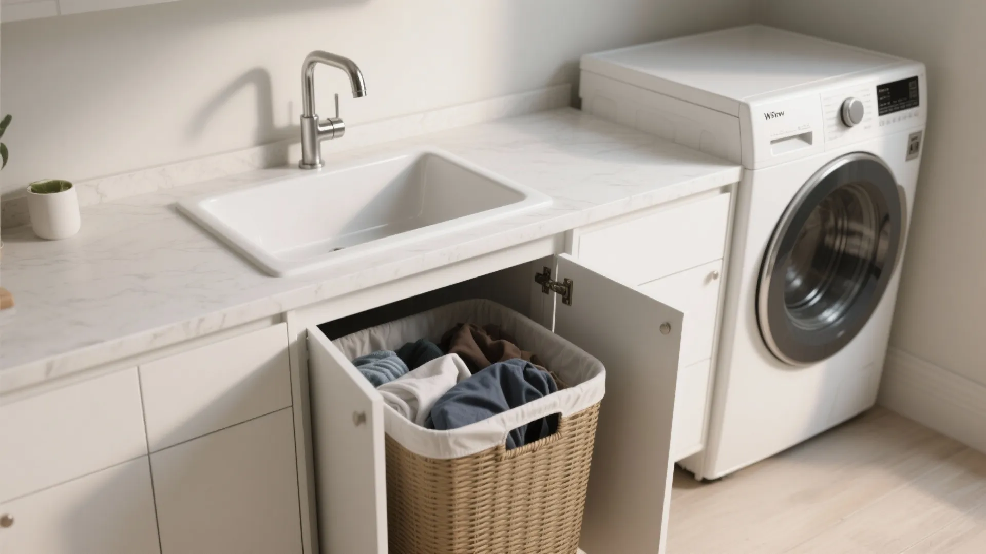 3. Slim utility sink + pull-out hamper combo