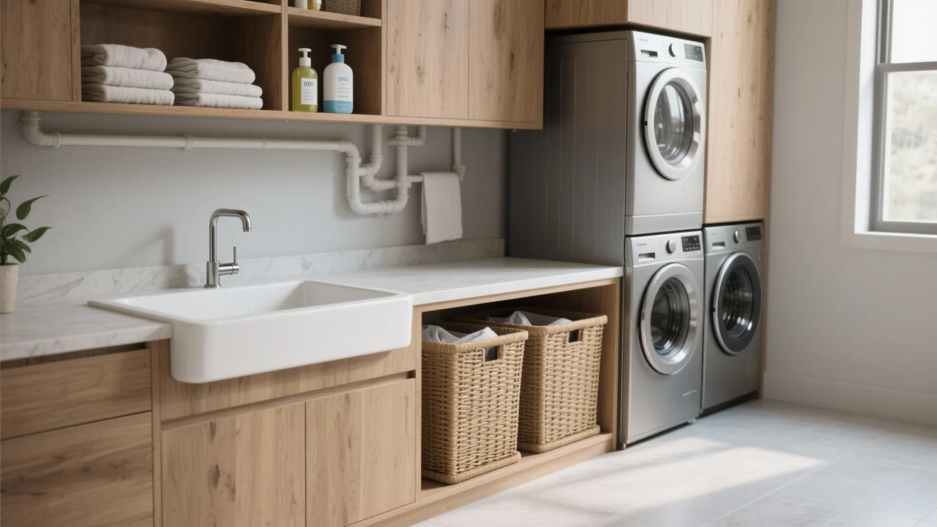 Combine a utility sink with hidden hampers and shelves