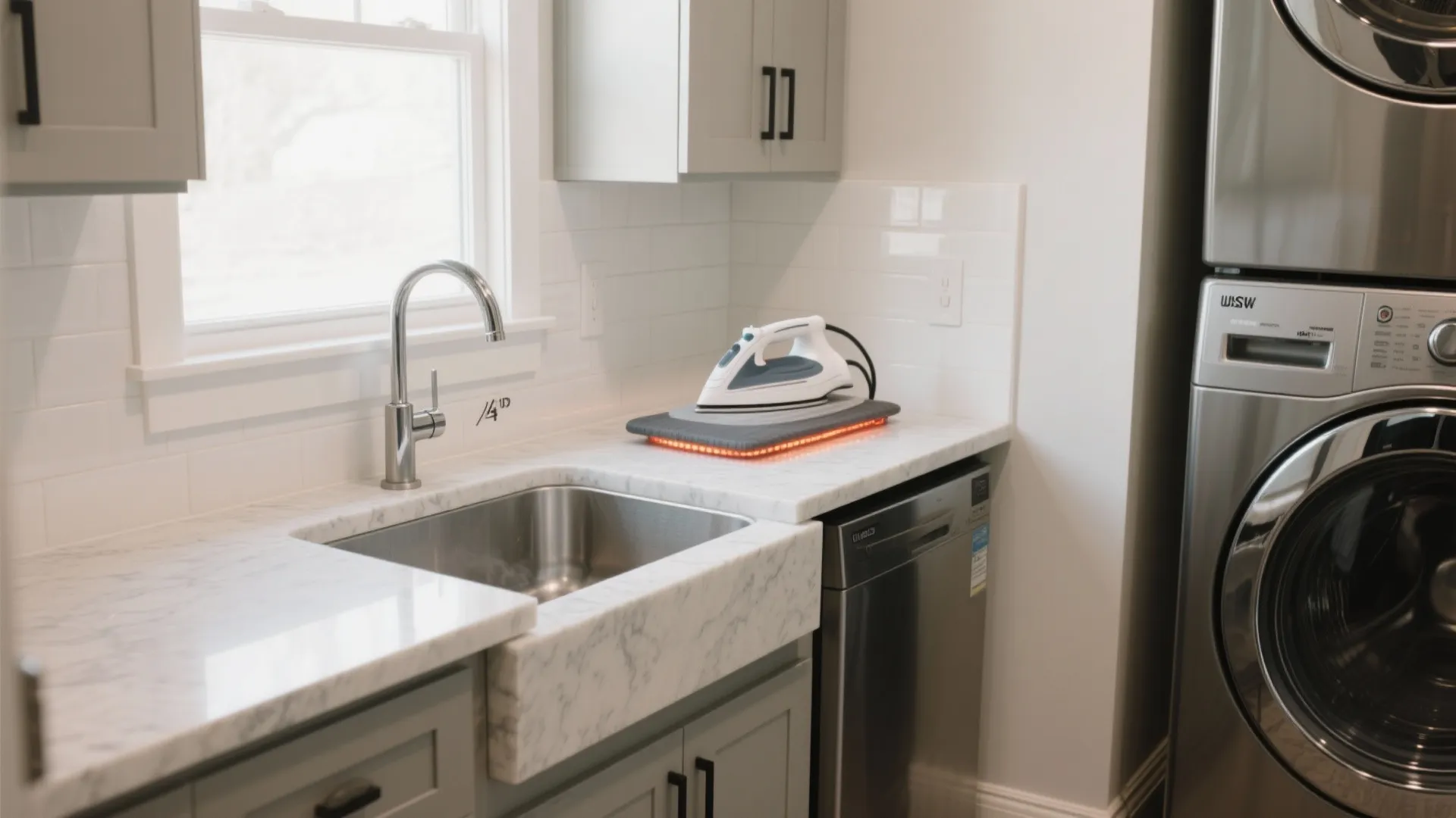 Modern laundry room with marble countertop featuring stainless steel sink and iron on grey mat