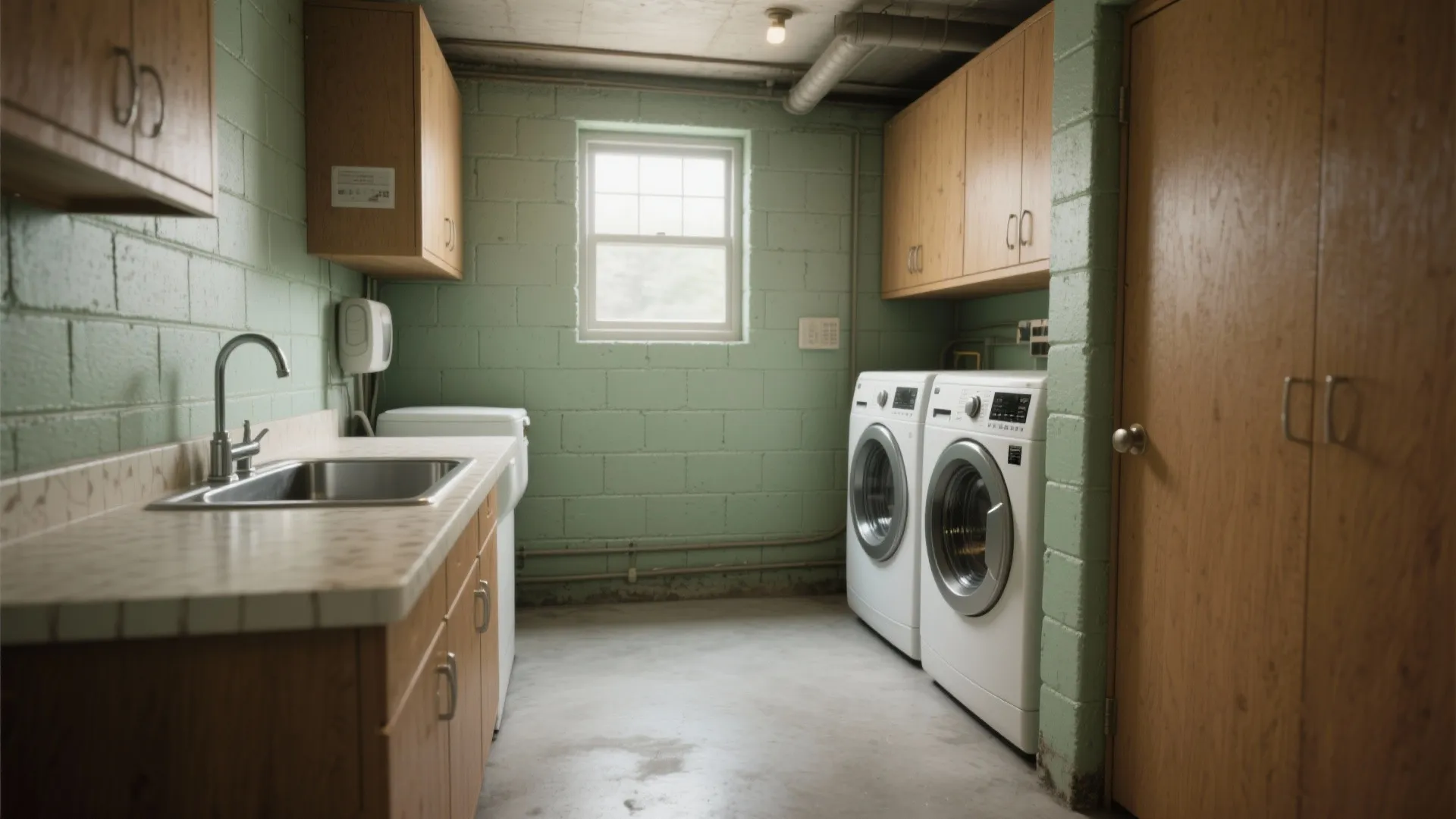 Laundry room with green brick walls white washing machines wooden cabinets sink and a small window