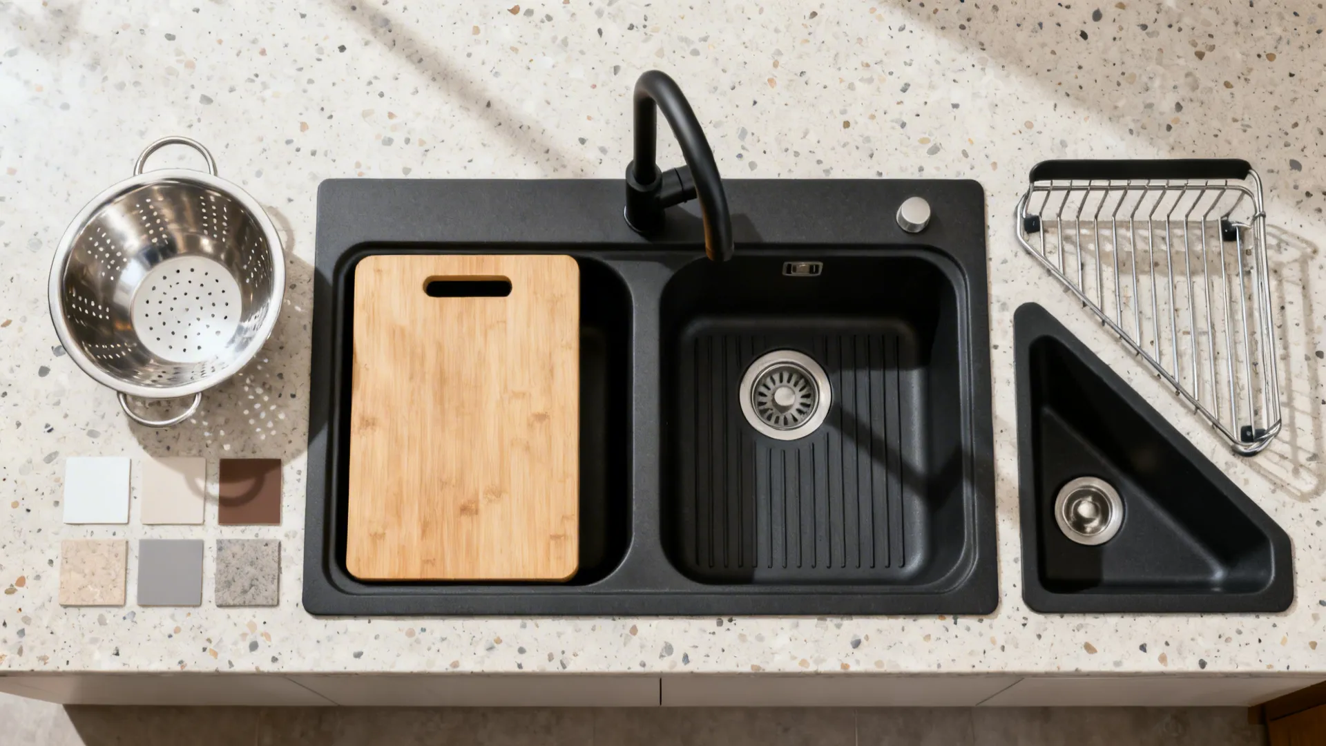 Flat-lay showing various sink types and accessories suited to compact Indian kitchens.