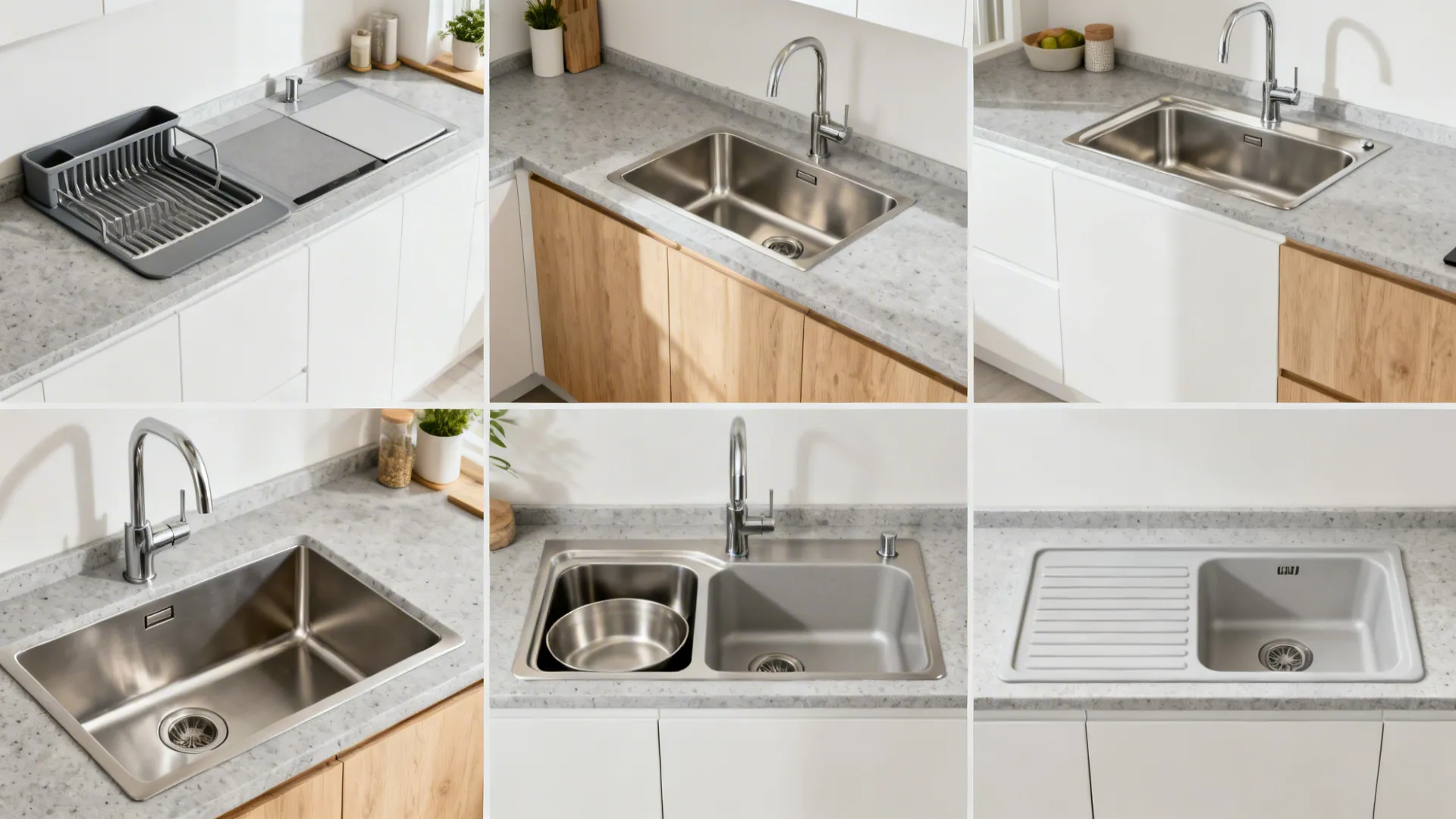 Compact kitchen vignette highlighting workstation, single-bowl, low-divide, apron-front, and drainboard details.