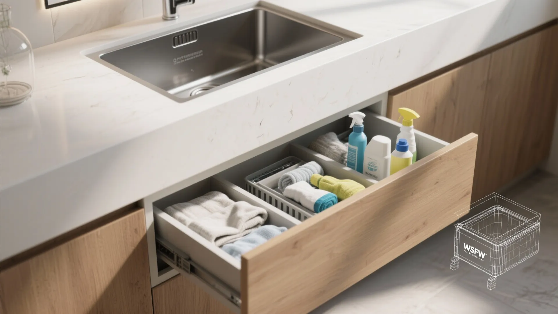 Under sink cabinet drawer pulled open showing organized cleaning supplies towels and a stainless steel sink