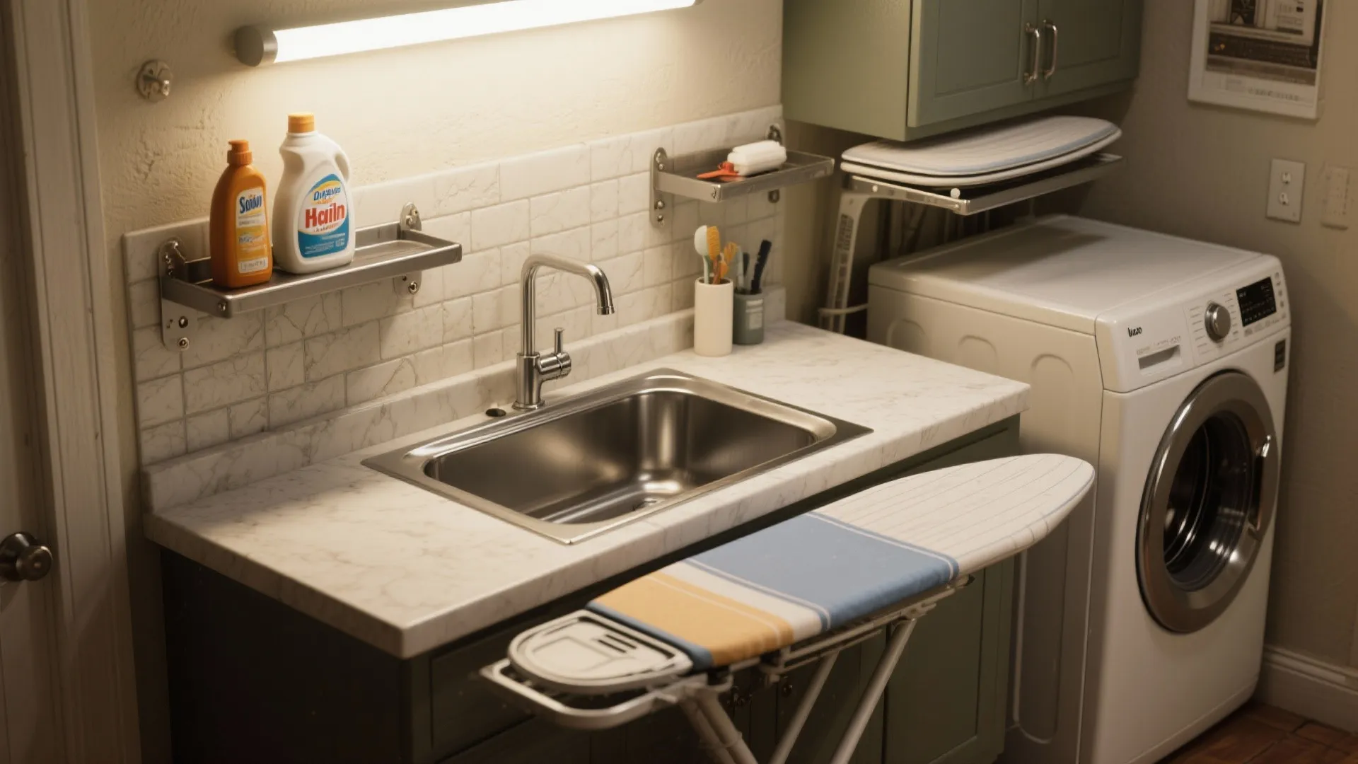 4. Multipurpose sink bay with a fold-down ironing shelf