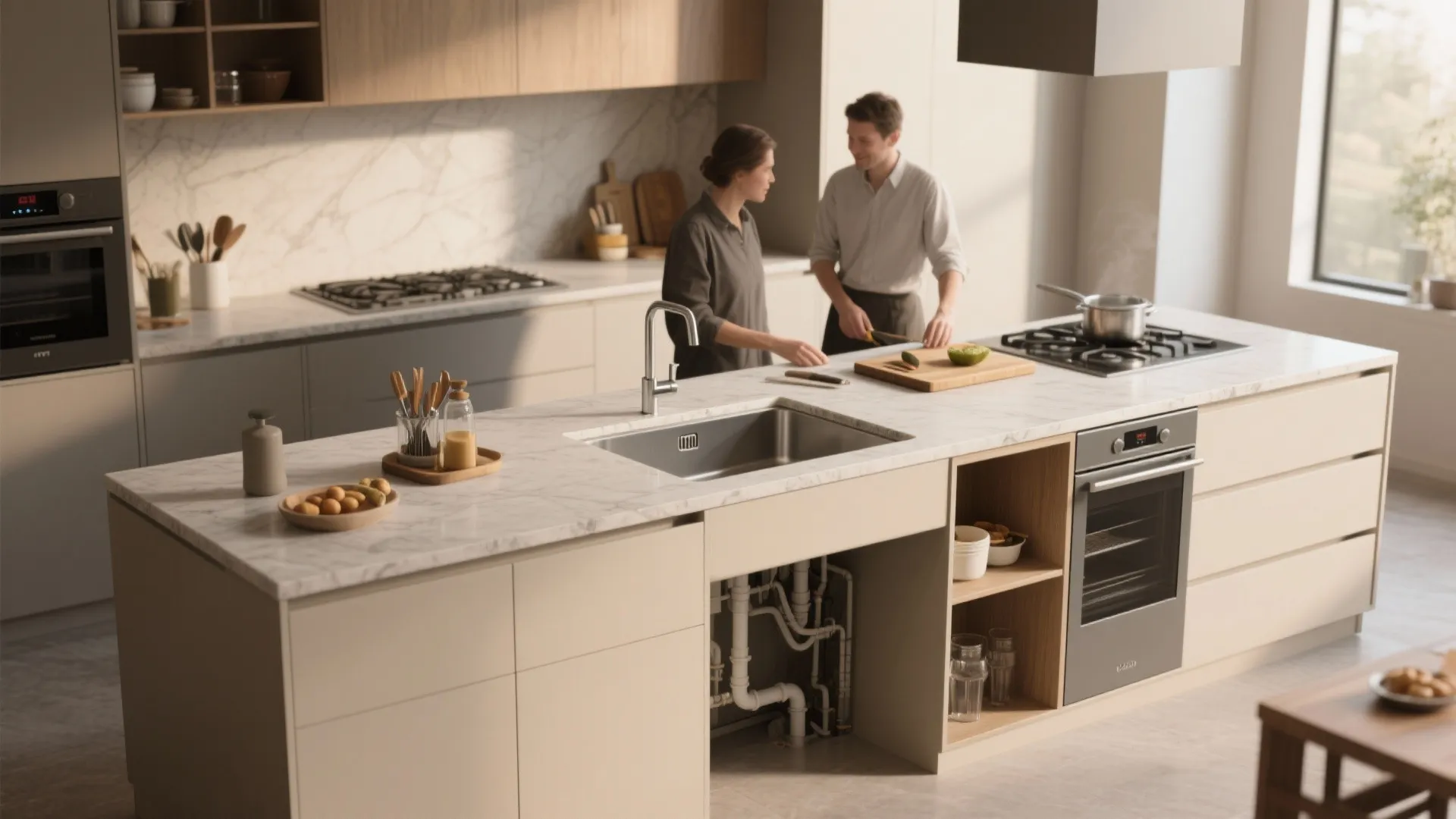 Modern kitchen island with marble top sink oven exposed pipes and two people cooking inside
