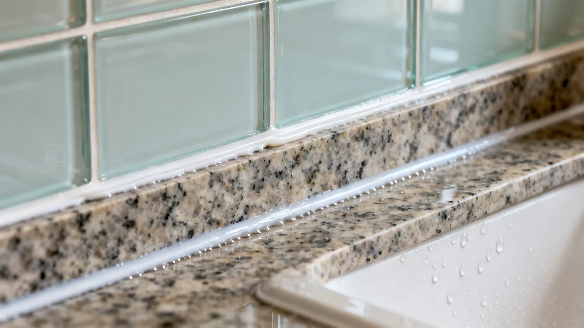Macro of granite countertop meeting glass or tile backsplash with clean silicone joint and shadow-gap skirting.