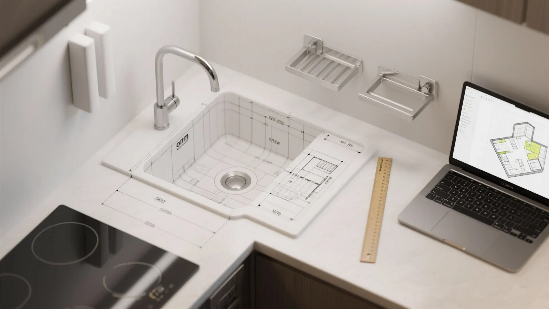 White kitchen sink with interior design drawing overlays next to a laptop showing room layout