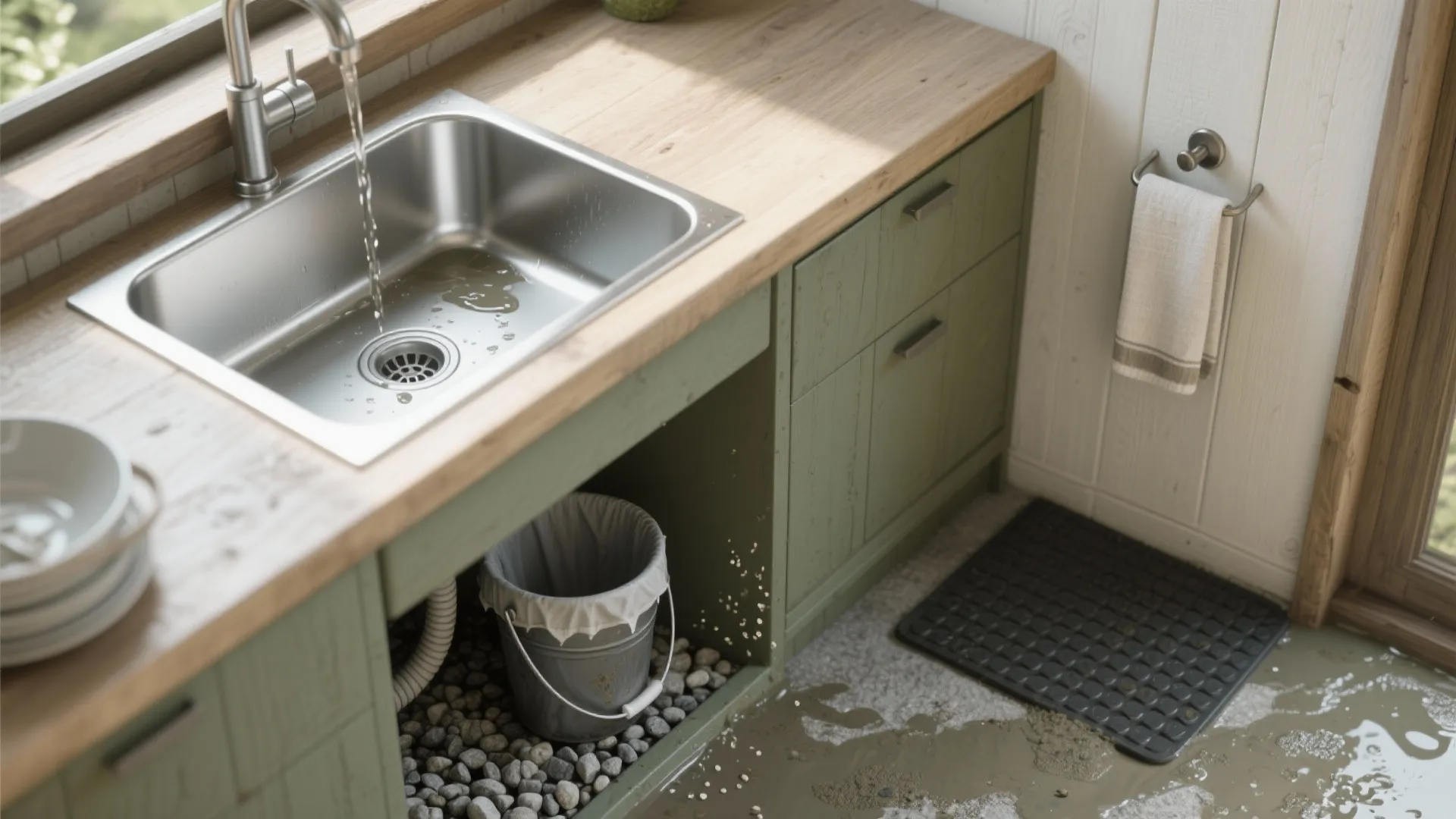 Top-down layout showing bowl sink draining to covered bucket and pea gravel soakaway