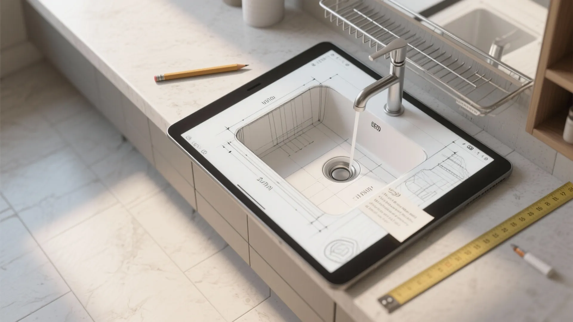 Top-down view of a quick sink area sketch and 3D layout on a tablet used for planning dish rack placement.