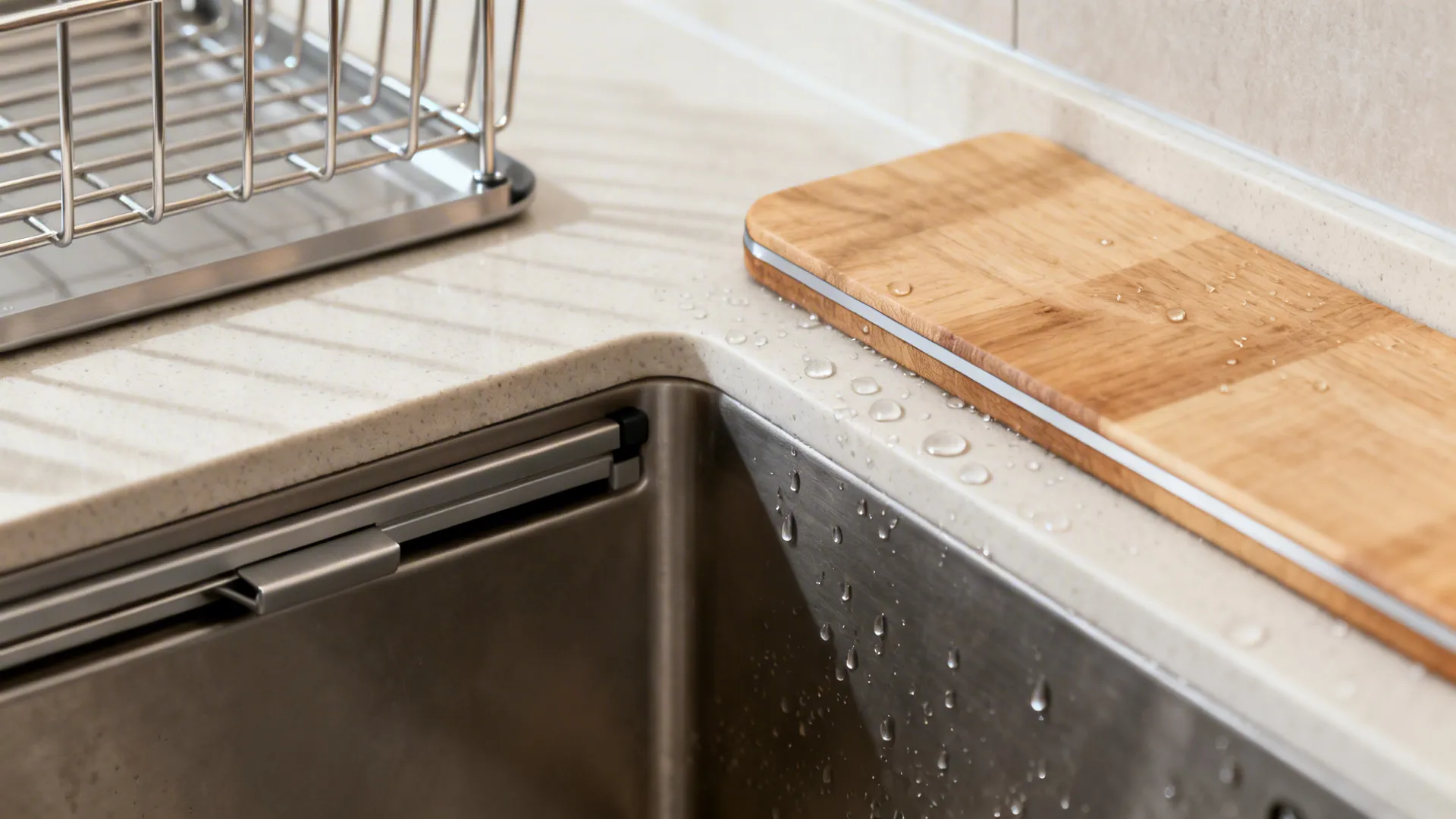 Macro of the corner sink ledge lip showing sliding rack and cutting board with a beveled backsplash joint.