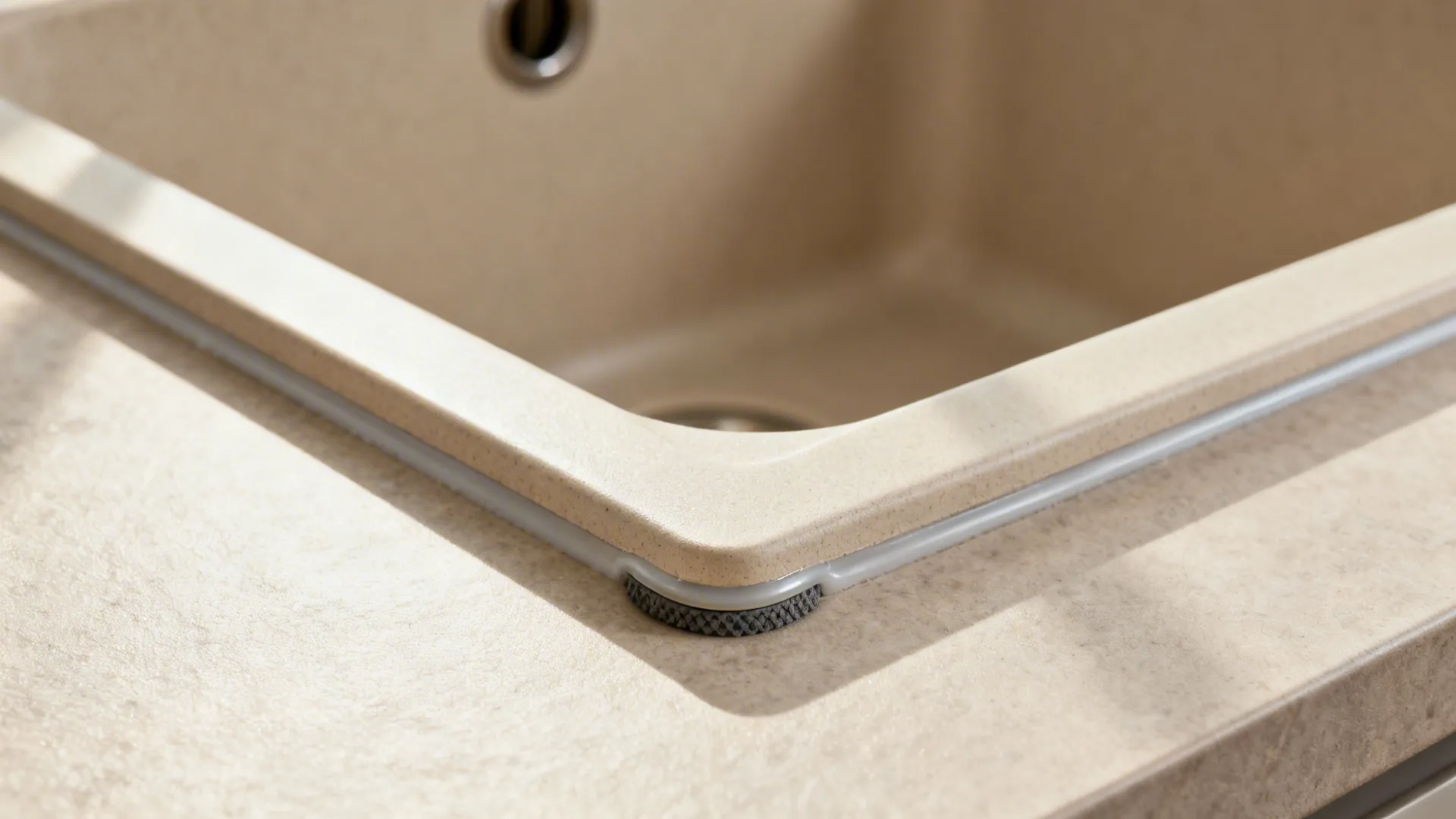Macro of a spill-safe sink ledge, back-set tap, silicone fillet, and anti-vibration pad under a washer foot.