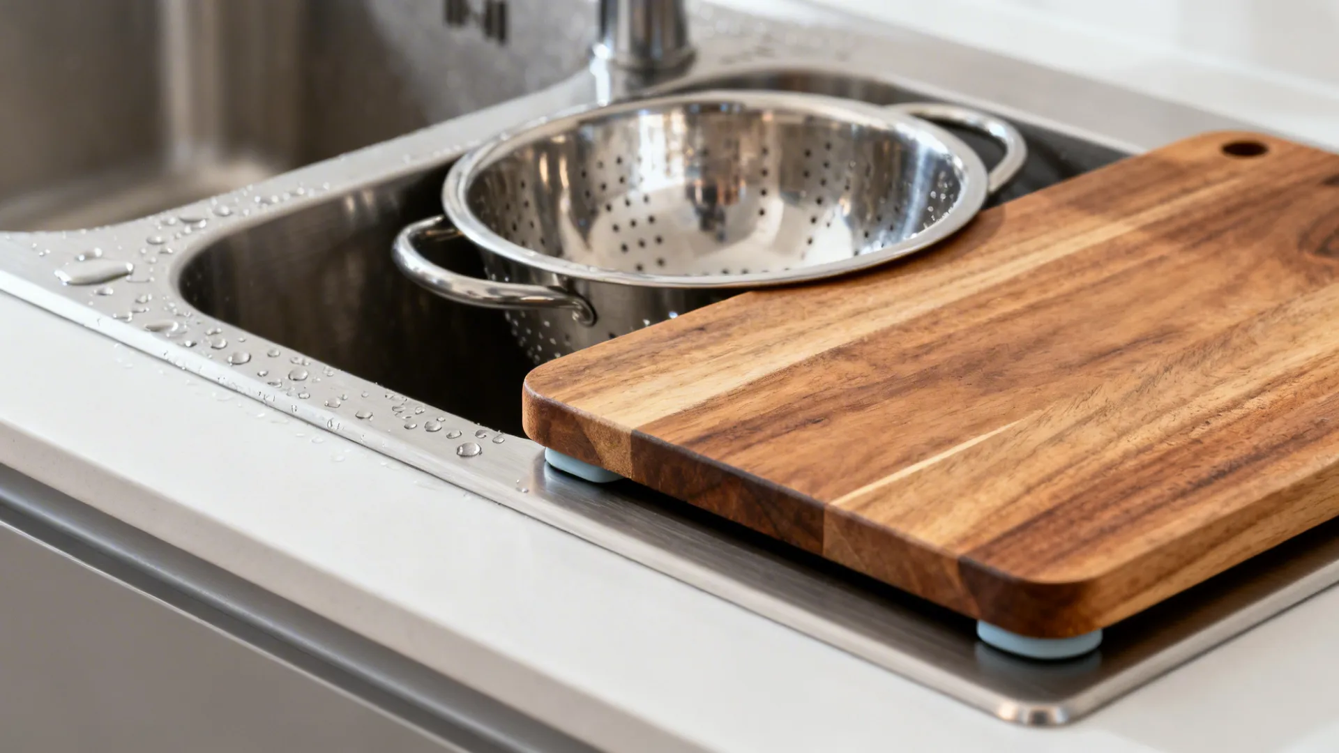 Macro of a workstation sink ledge holding a cutting board and colander with brushed steel detail.