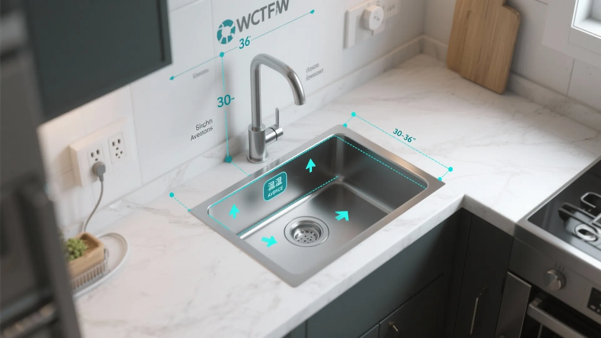 Diagram showing recommended height and width measurements for installing light fixtures above a kitchen sink