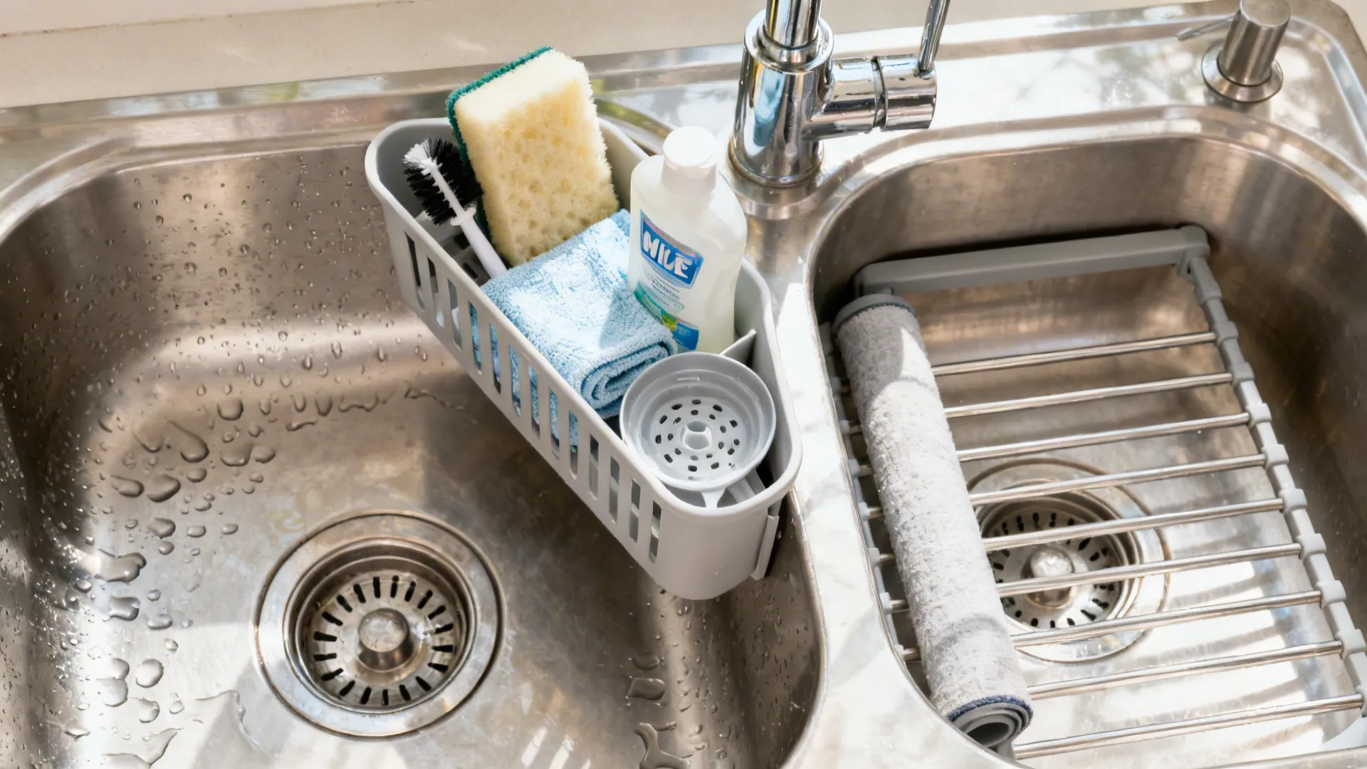 Top-down double sink with cleaning caddy, cloth, sponge, brush, and a rolled-out drying rack.