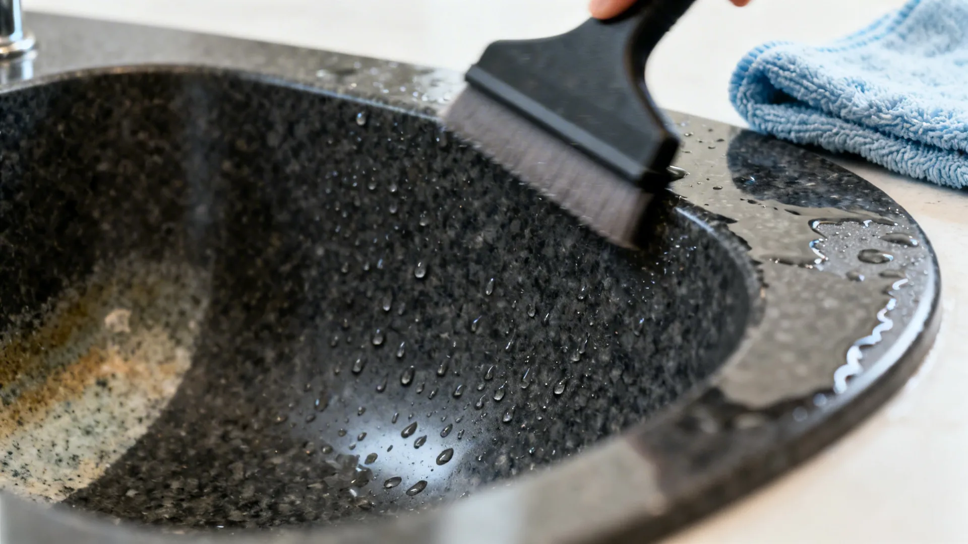 Macro of a dark composite granite sink being squeegeed and wiped with a microfiber cloth.