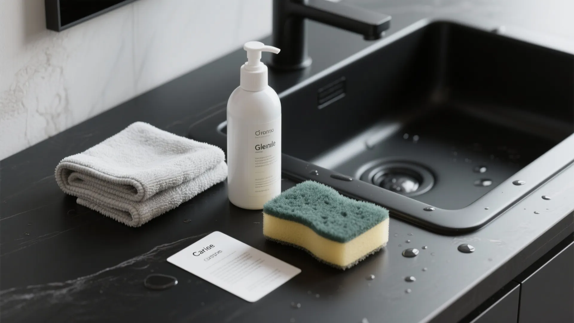 Black kitchen sink with soap bottle cleaning sponge folded towel and small white instruction card