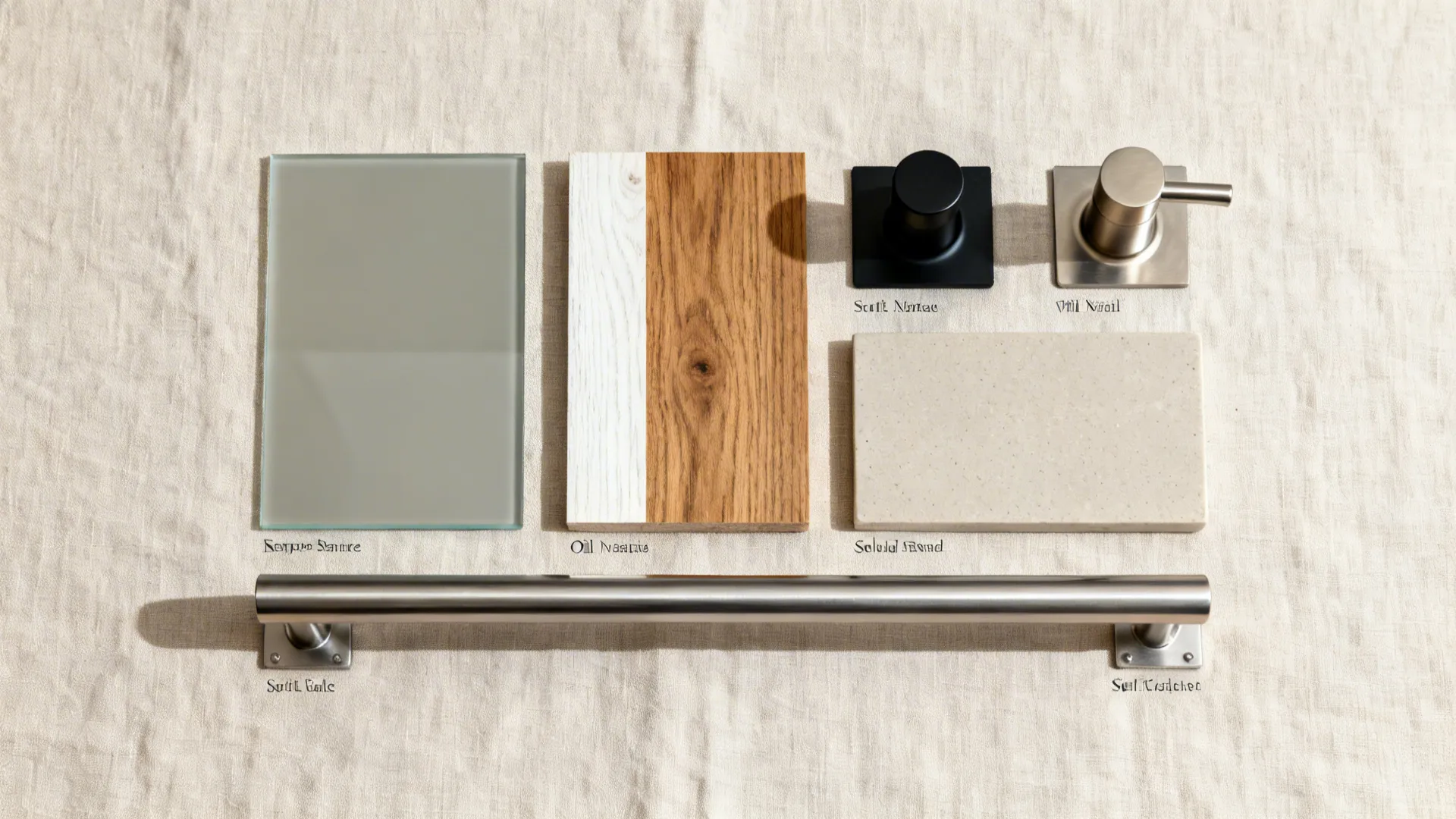 Flat lay of tempered glass, wood, matte faucet finishes, and a neutral counter sample for a sink area.