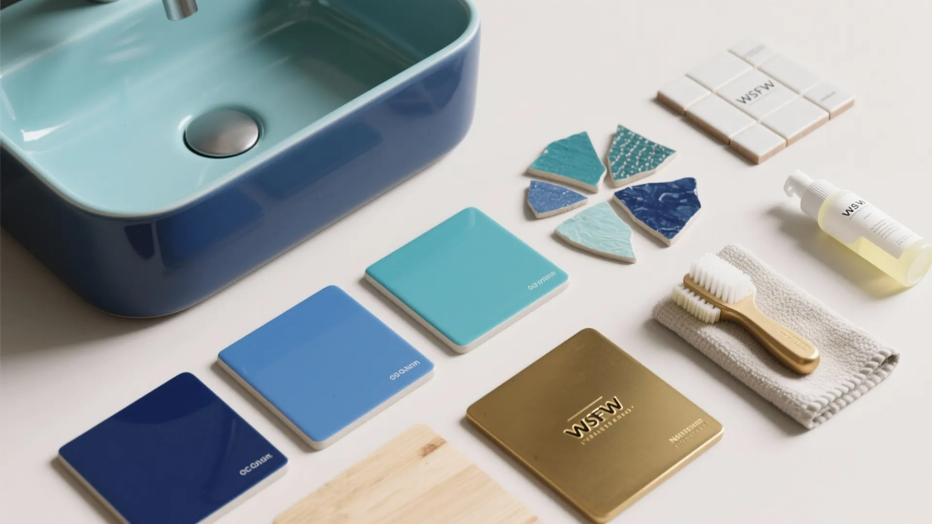 Flatlay of glaze chips, wood and brass swatches and cleaning tools for planning colored sinks.