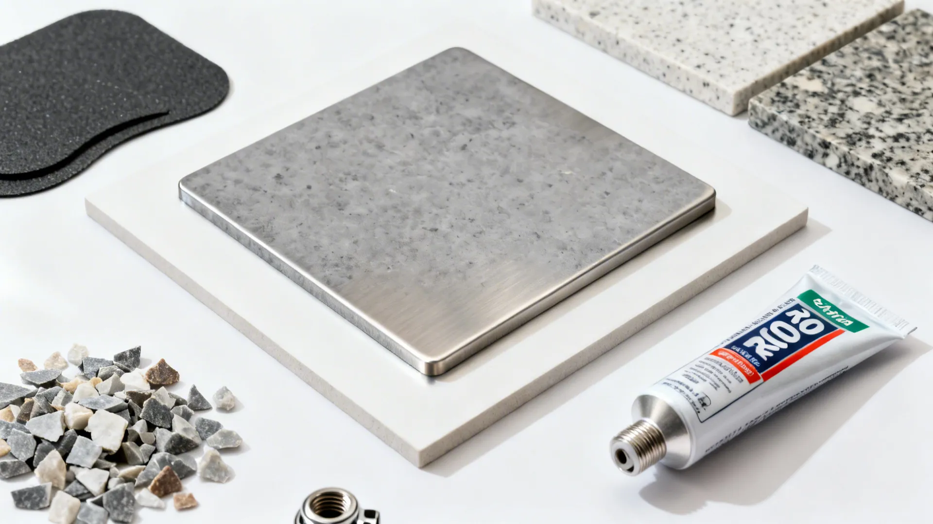 Flatlay of stainless and quartz samples with countertop chips, sealant, pads, and faucet parts.