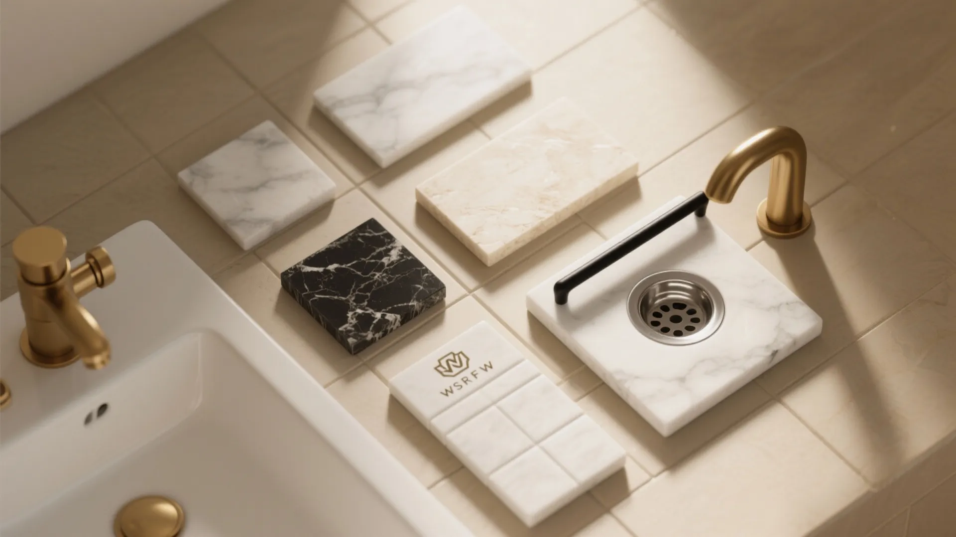 Various marble and stone material samples arranged on tiled floor near a white bathroom sink