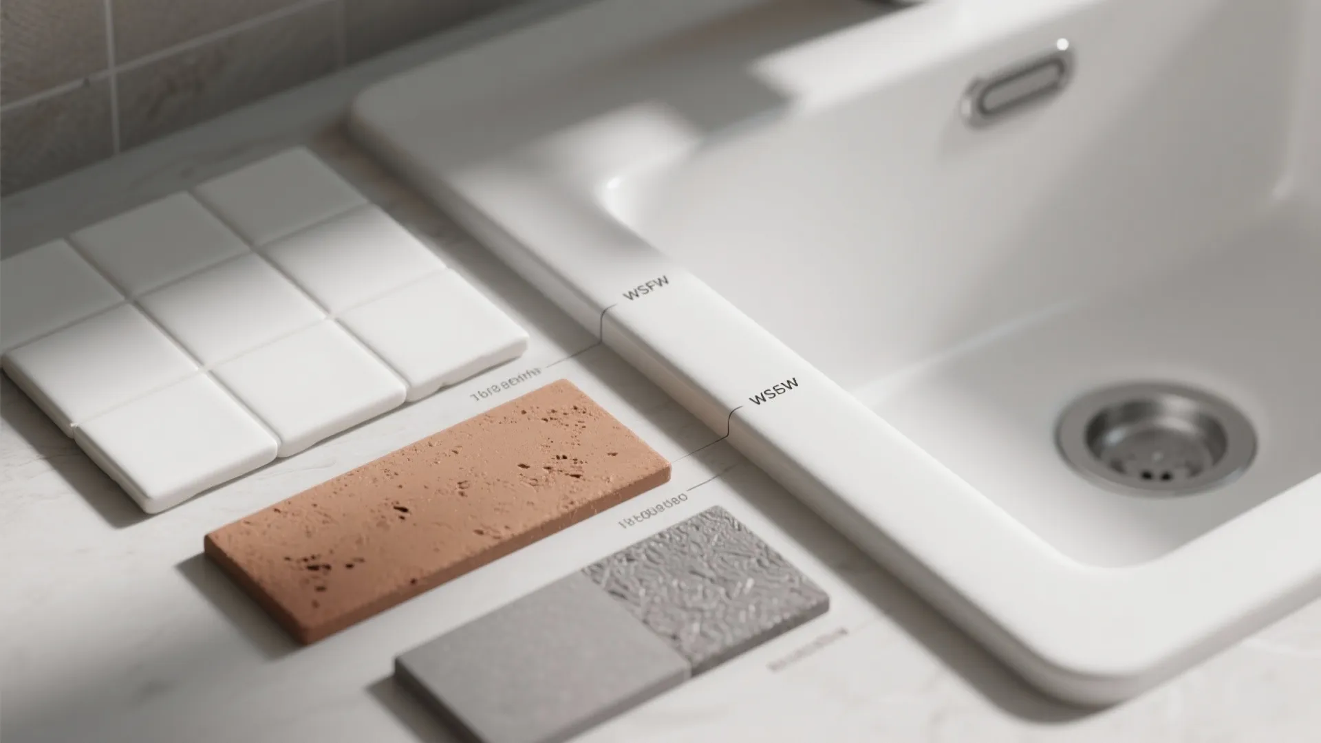 Close-up comparison of ceramic, fireclay, and composite white sink material samples.