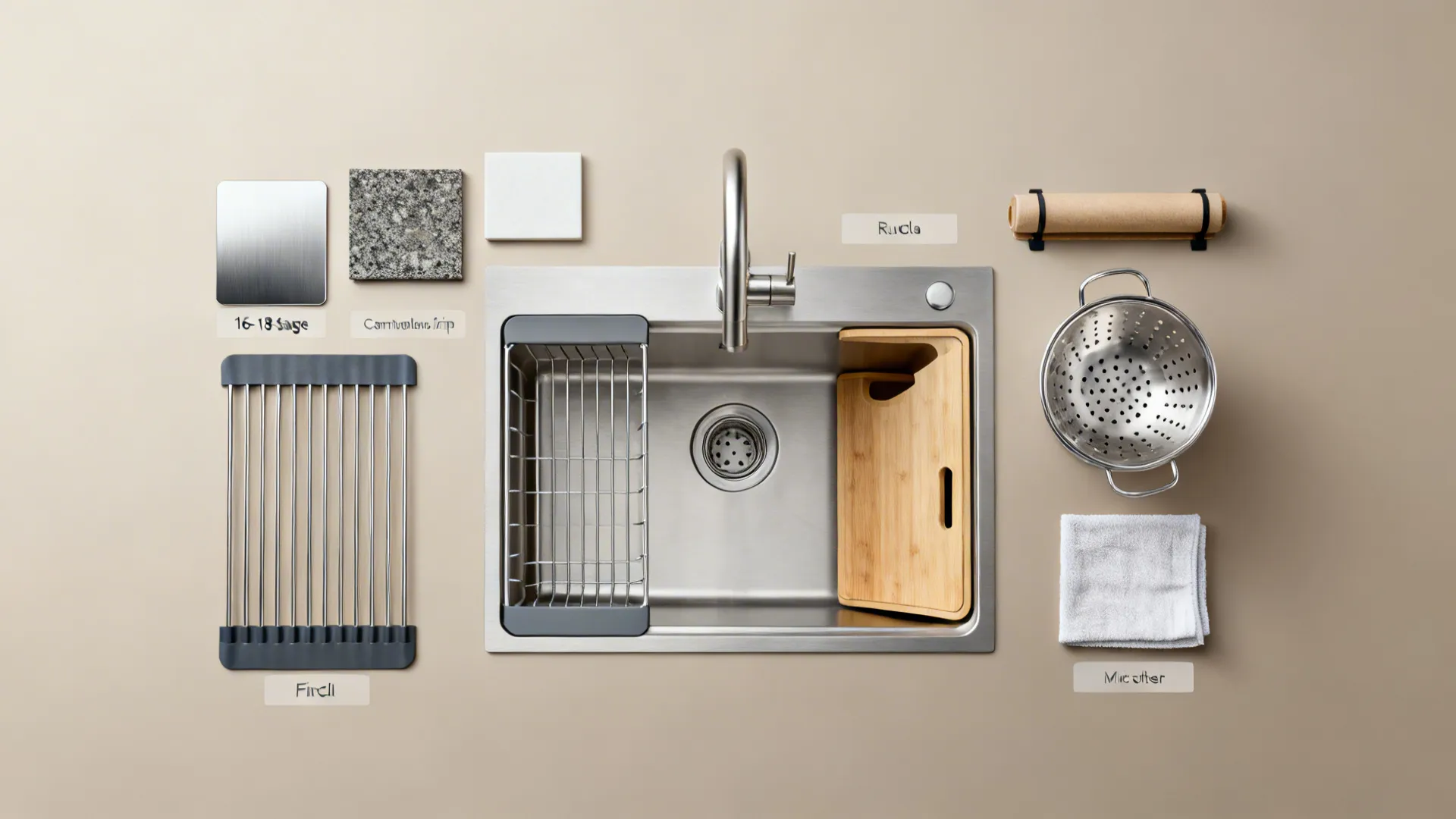 Flat lay of stainless, granite composite, fireclay samples with sink accessories on a neutral backdrop.