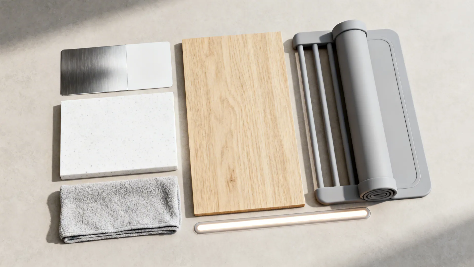 Design board flat lay with stainless, quartz, light oak, silicone rack, and rounded corner template.